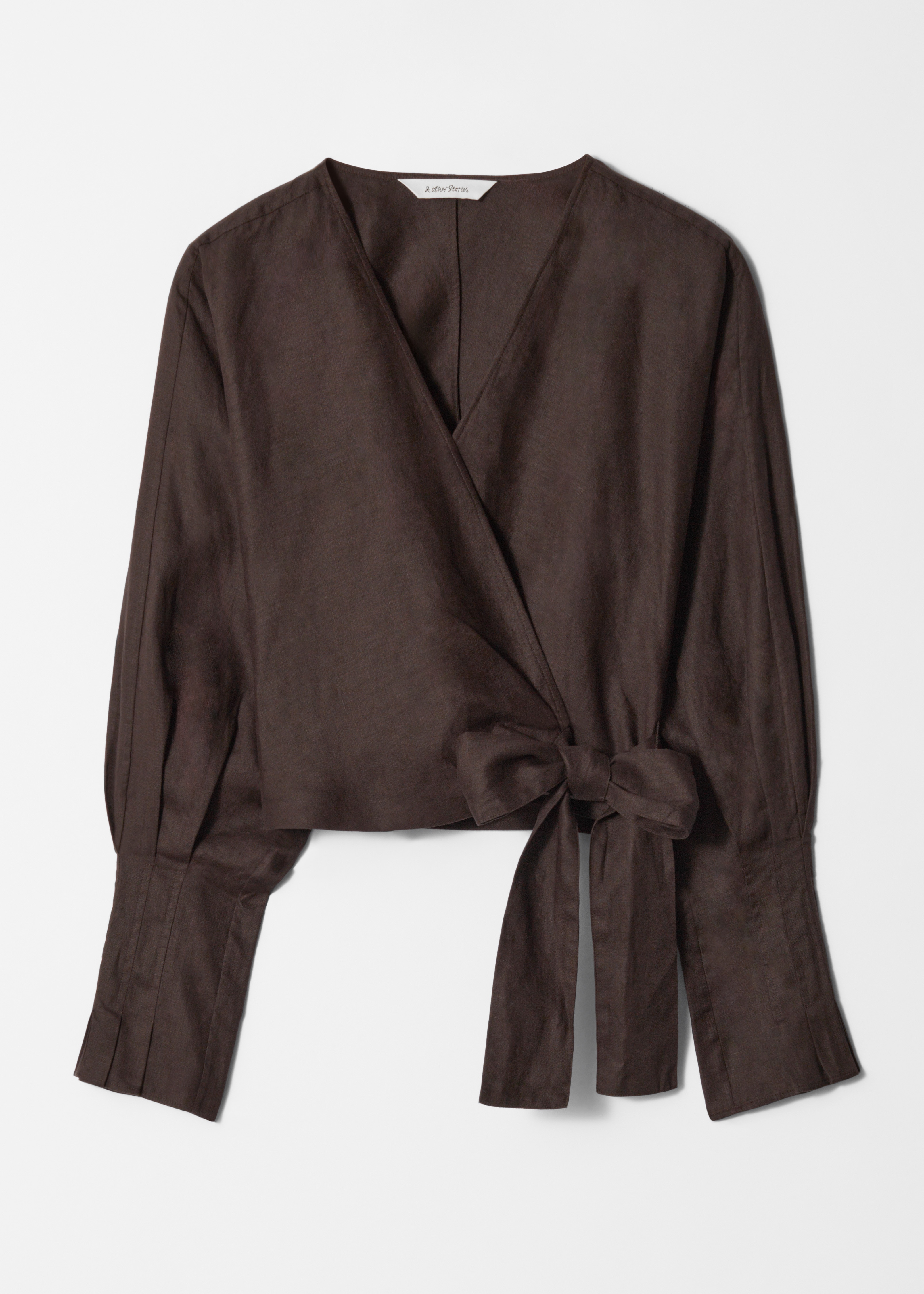 Blusa a portafoglio in lino - Marrone scuro/Blu polvere