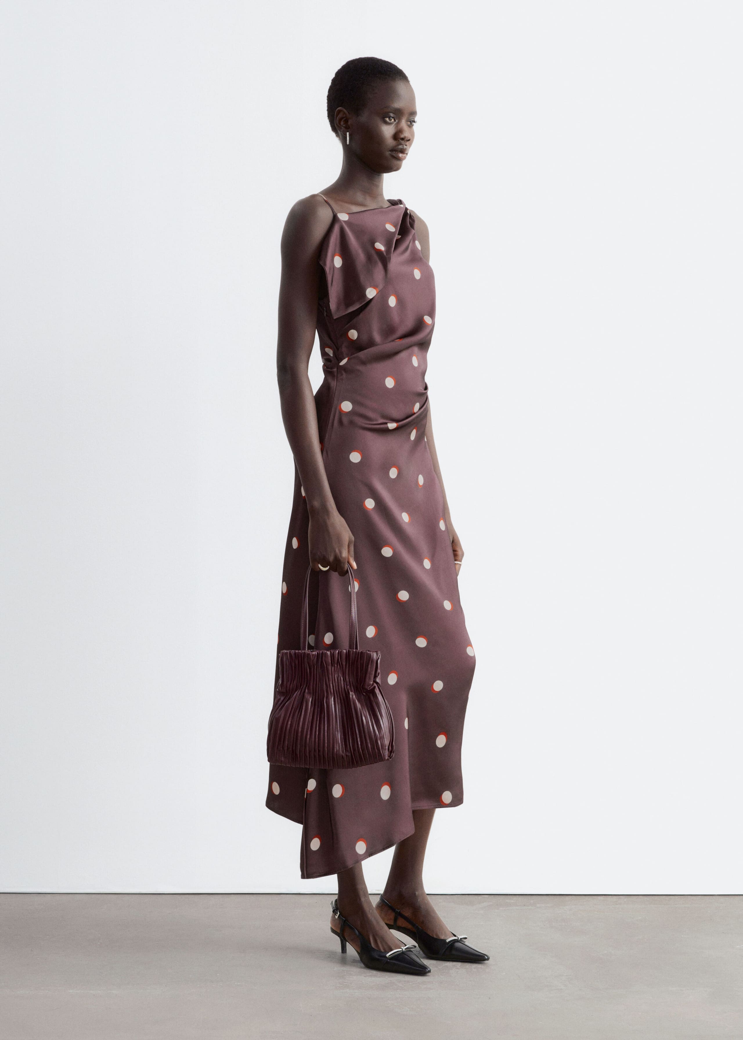 Asymmetric Satin Dress Dark Red/Dots