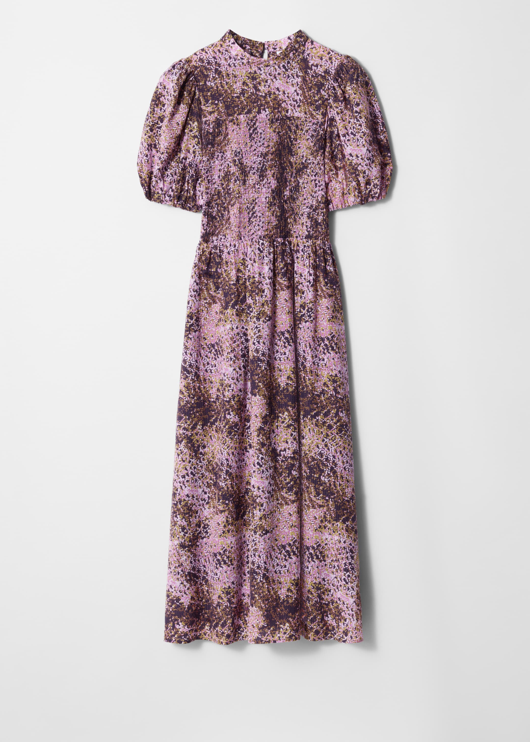 Zobrazit větší obrázek: Smockované midi šaty s nabíranými rukávy - Fialový potisk - ŽENY | H&M CZ 1