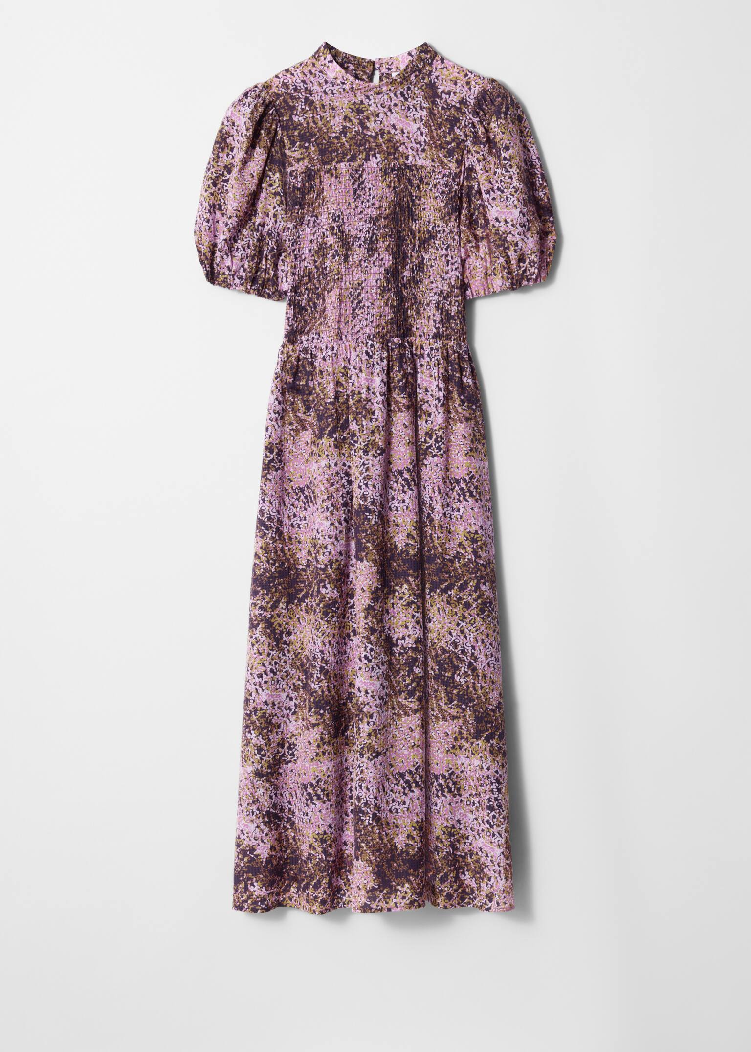 Rochie midi cu mâneci bufante smock - Imprimeu Mov/Beige Heart Print
