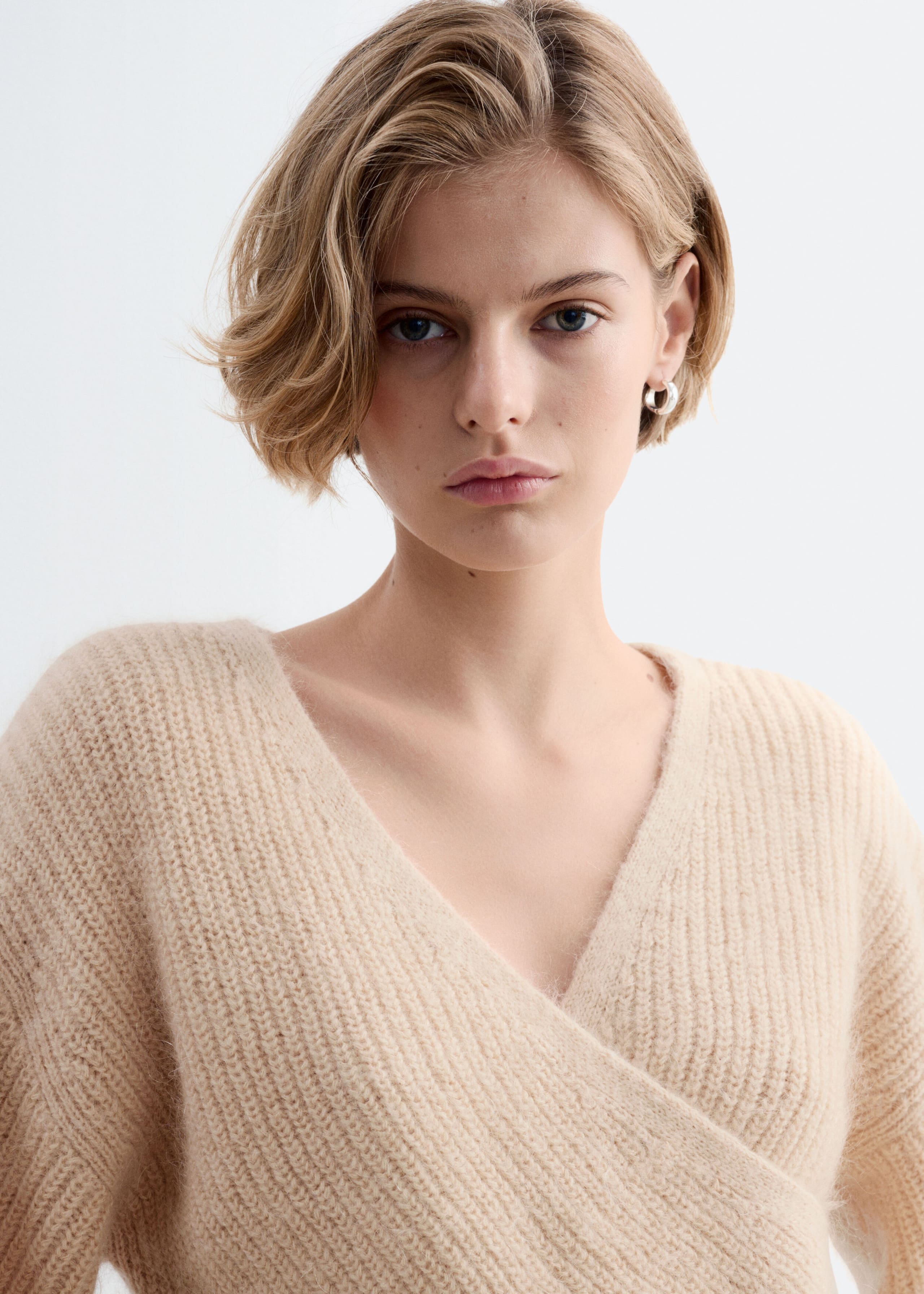 Mohair Blend Wrap Front Jumper - Beige - Lookbook