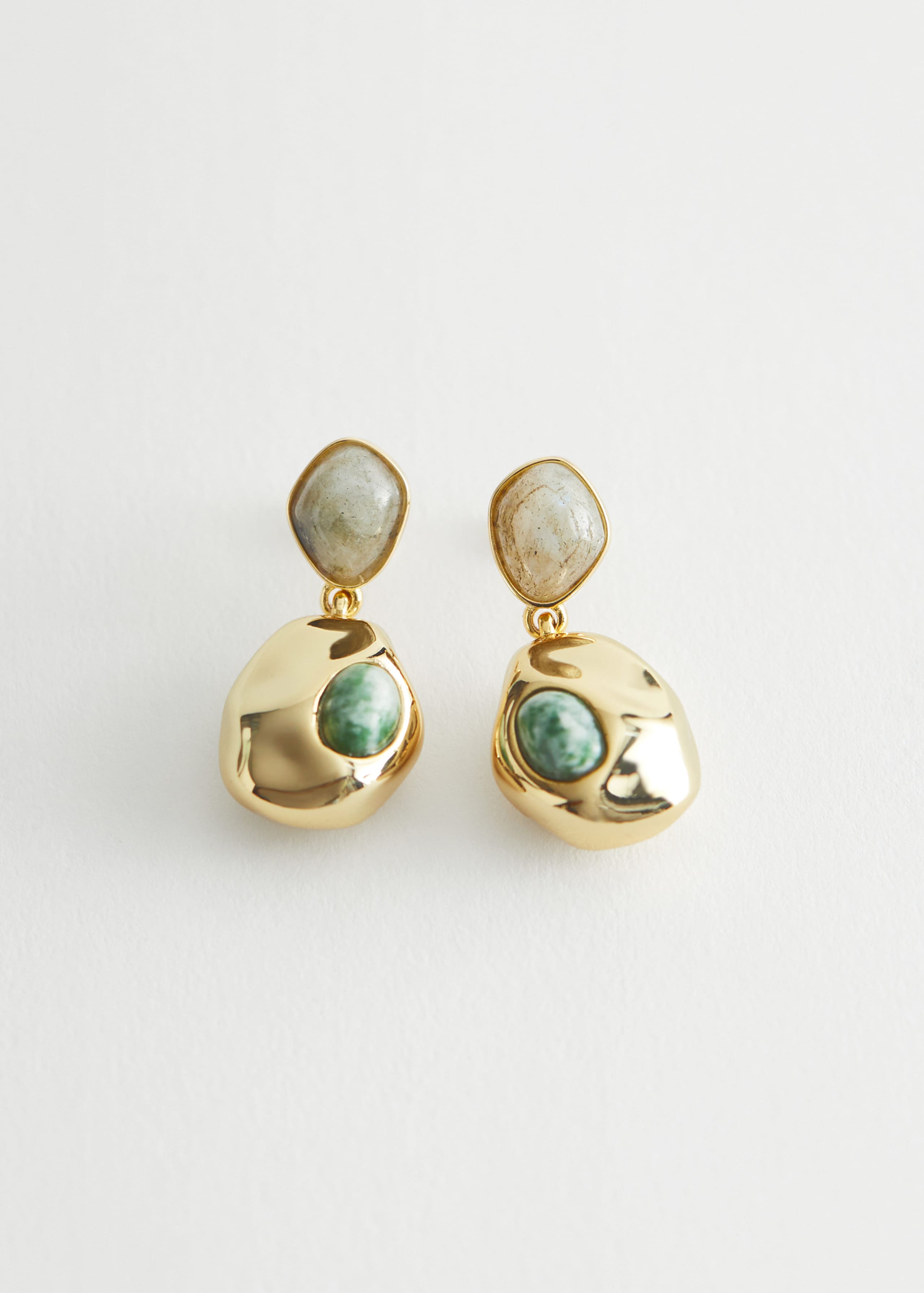 Stone Pendant Earrings - Gold/Jade Green - Still Life