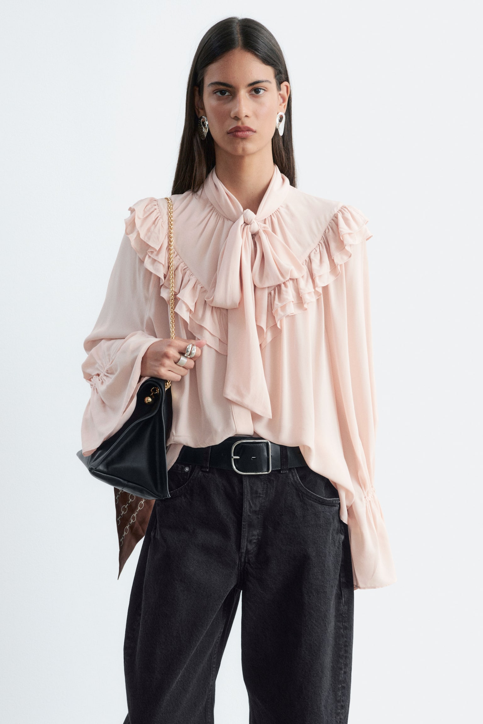 Blouse à volants avec foulard - Beige - 1