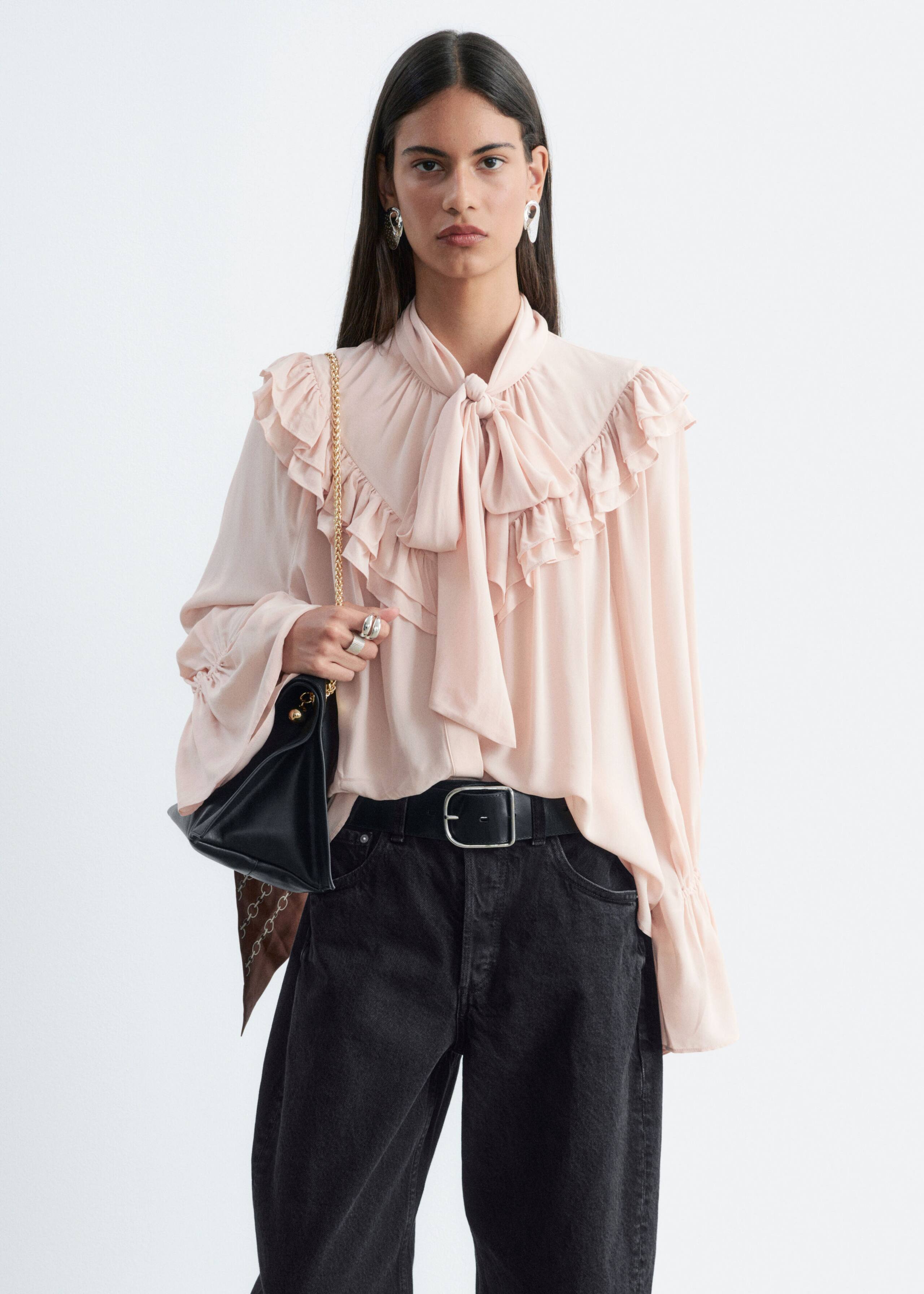 Frill-Detail Scarf Blouse - Beige - Lookbook