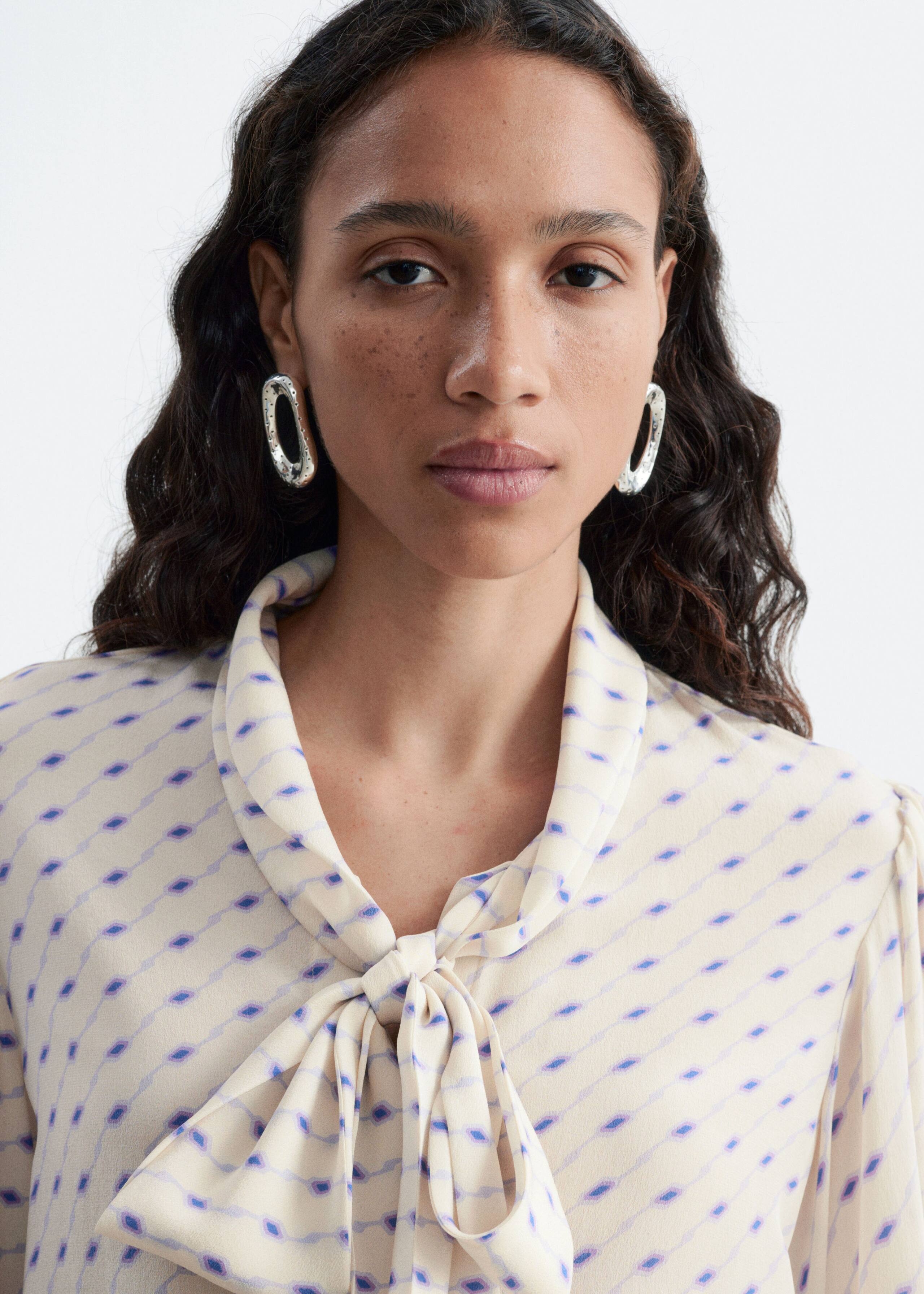 Printed Silk Scarf Blouse - Beige/Blue Print - Lookbook
