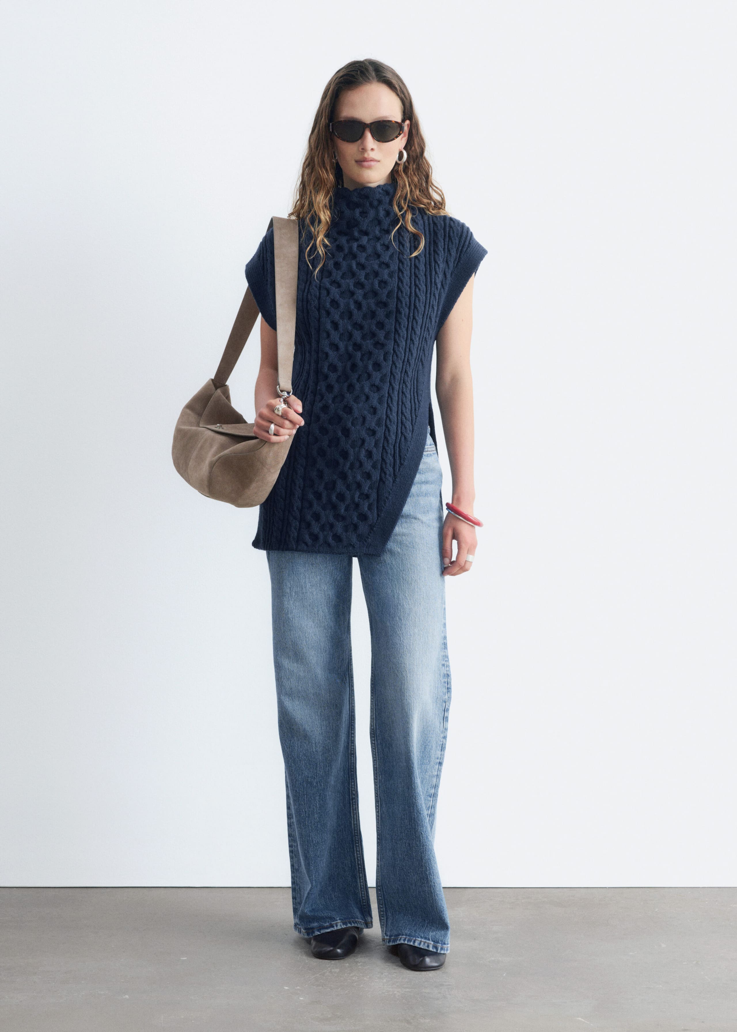 Cable-Knit Mock Neck Vest - Dark Blue - Lookbook