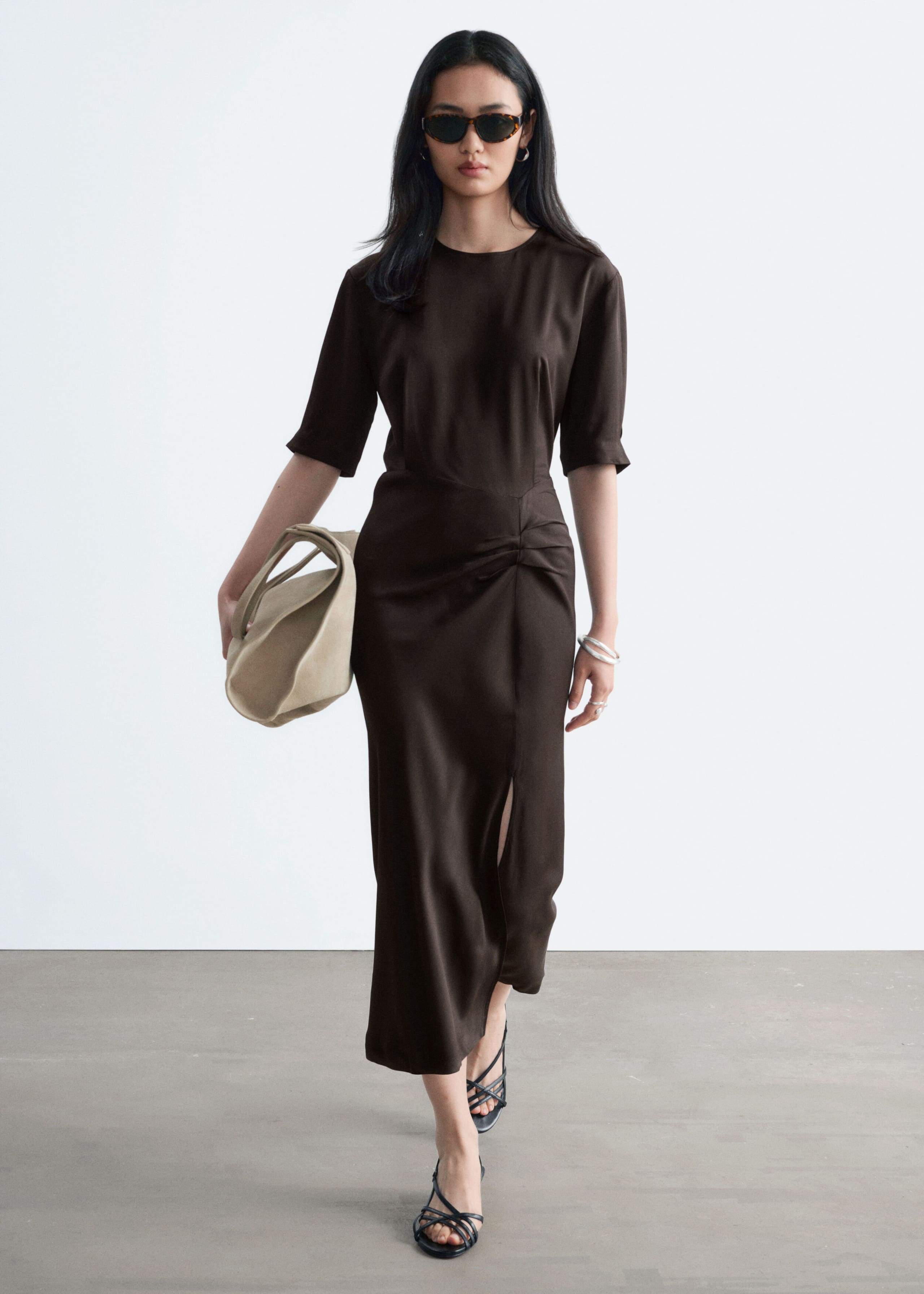 Pleat-Detail Midi Dress - Dark Brown - Lookbook