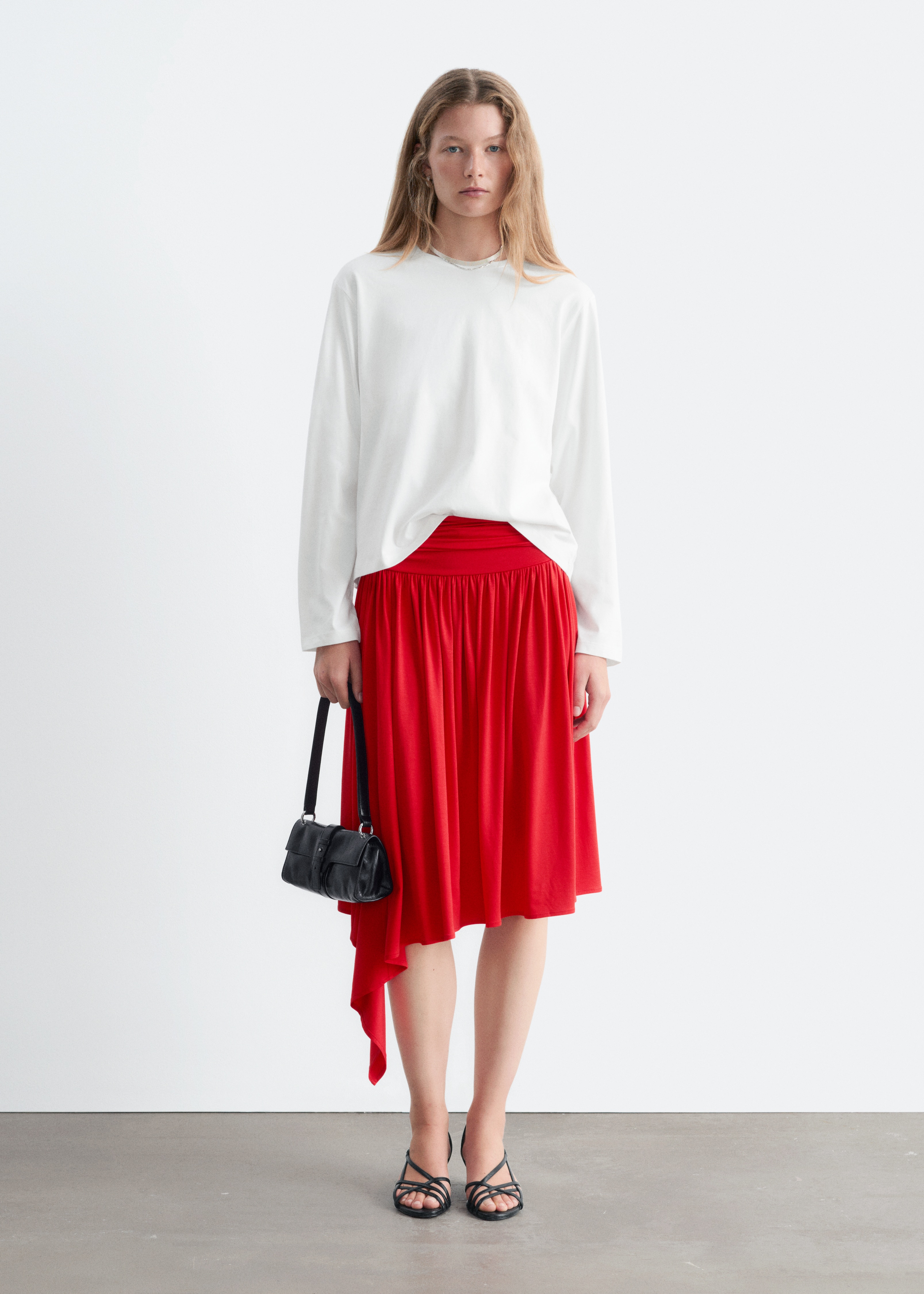 Gonna midi in jersey con arricciature - Rosso/Marrone scuro