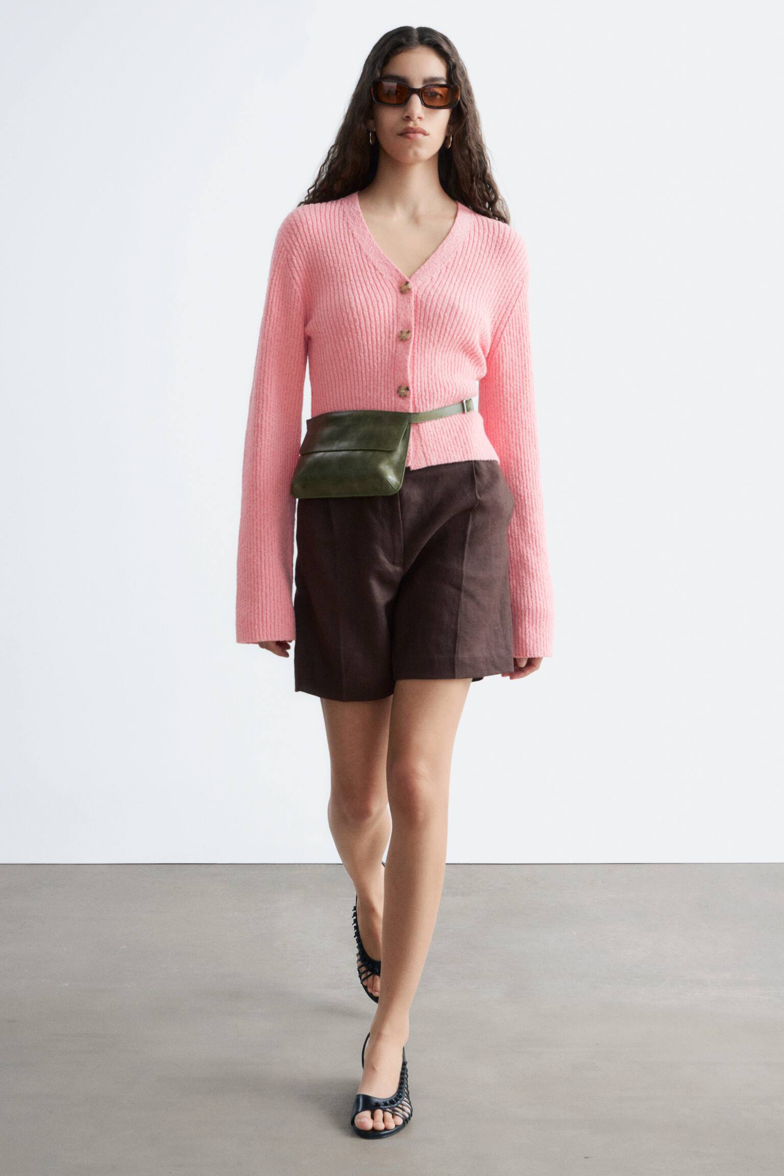 Ribbstickad bomullscardigan - Rosa/Vit/Beige - 5