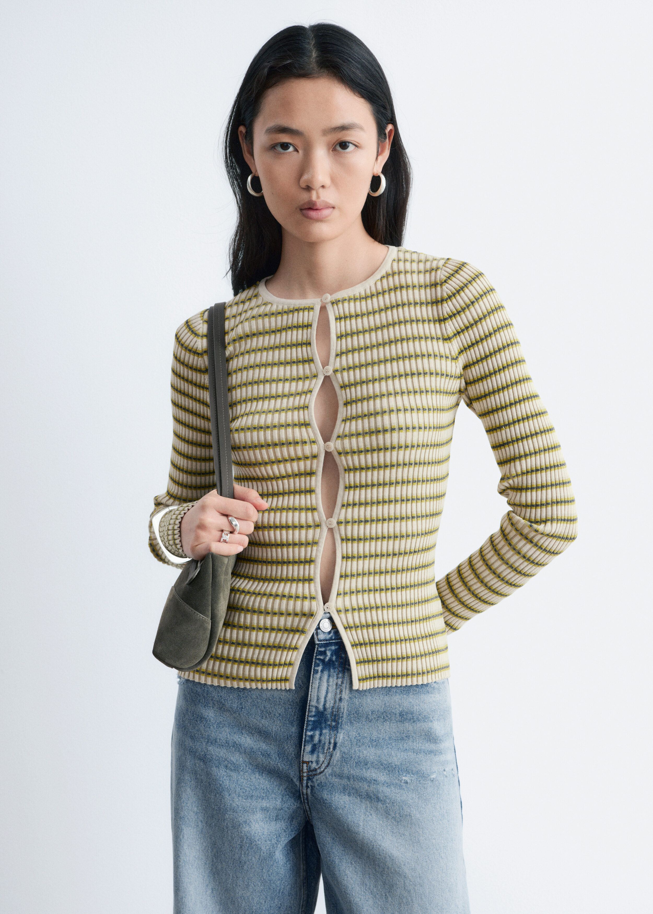 Keyhole-Front Rib-Knit Cardigan - White/Green Stripes - & Other