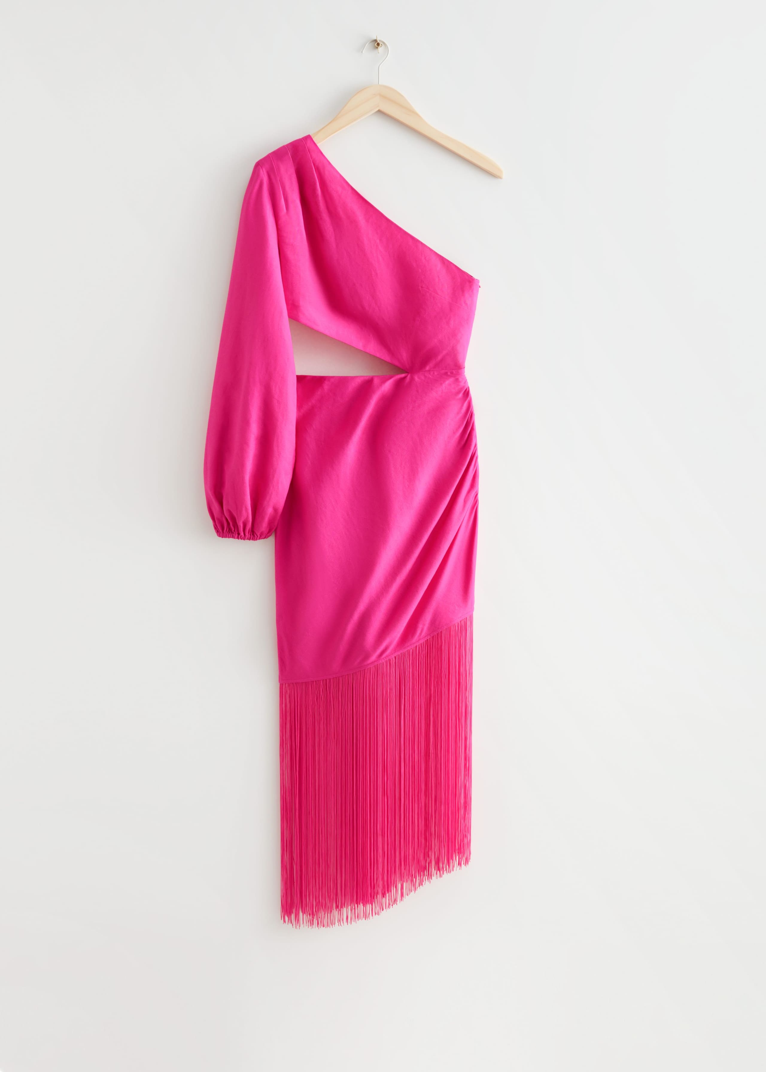 Image of Fringed One-Shoulder Midi Dress