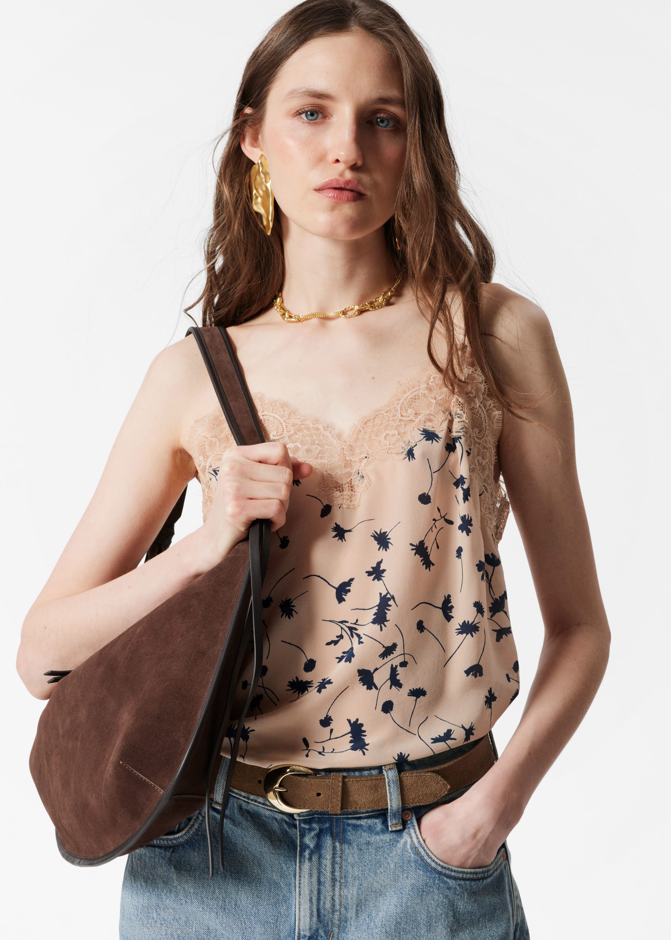 Visa större bild: Linne i siden - Beige/svart - DAM | H&M SE 1