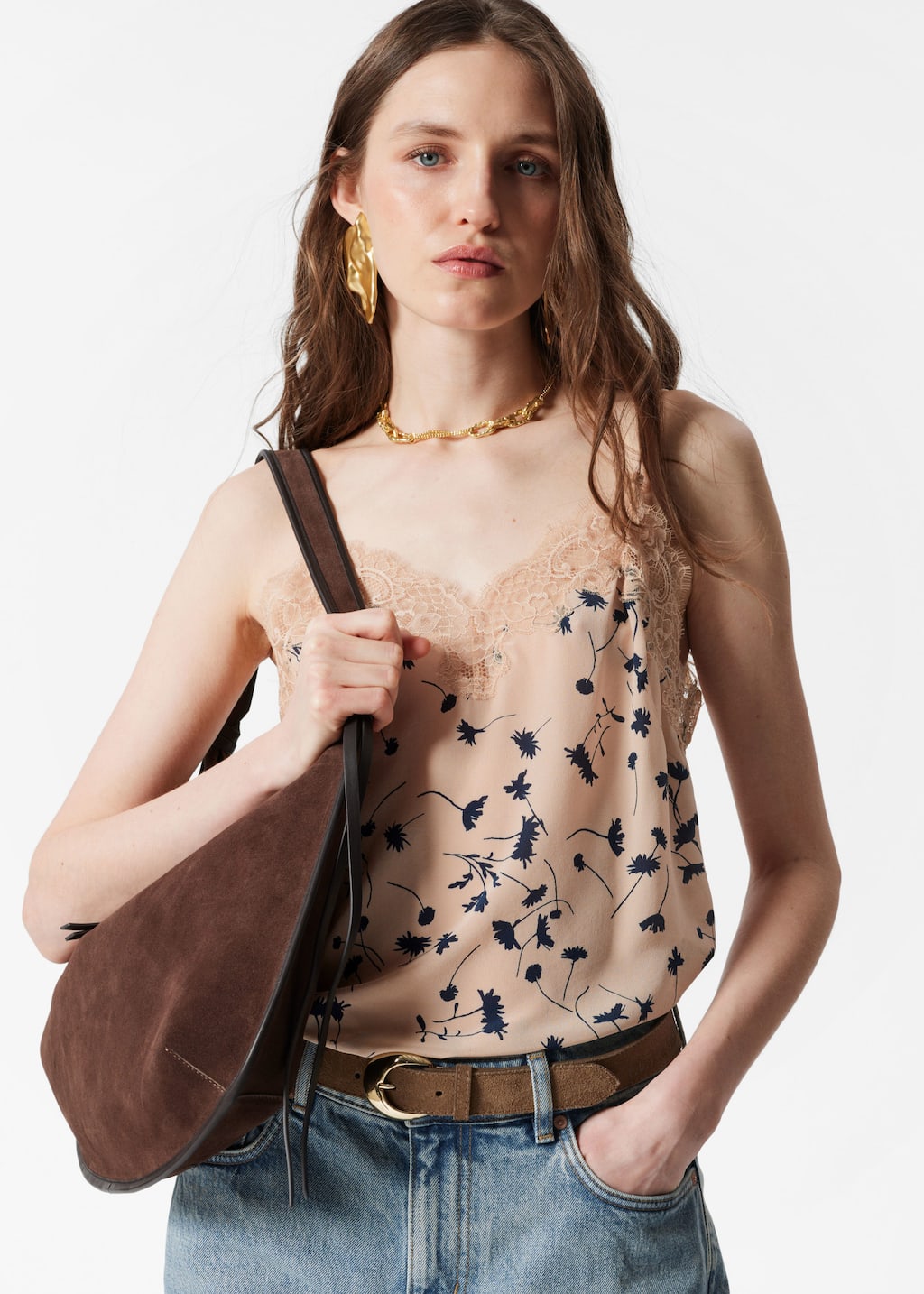 Silk Camisole Top - Beige/Black - Lookbook