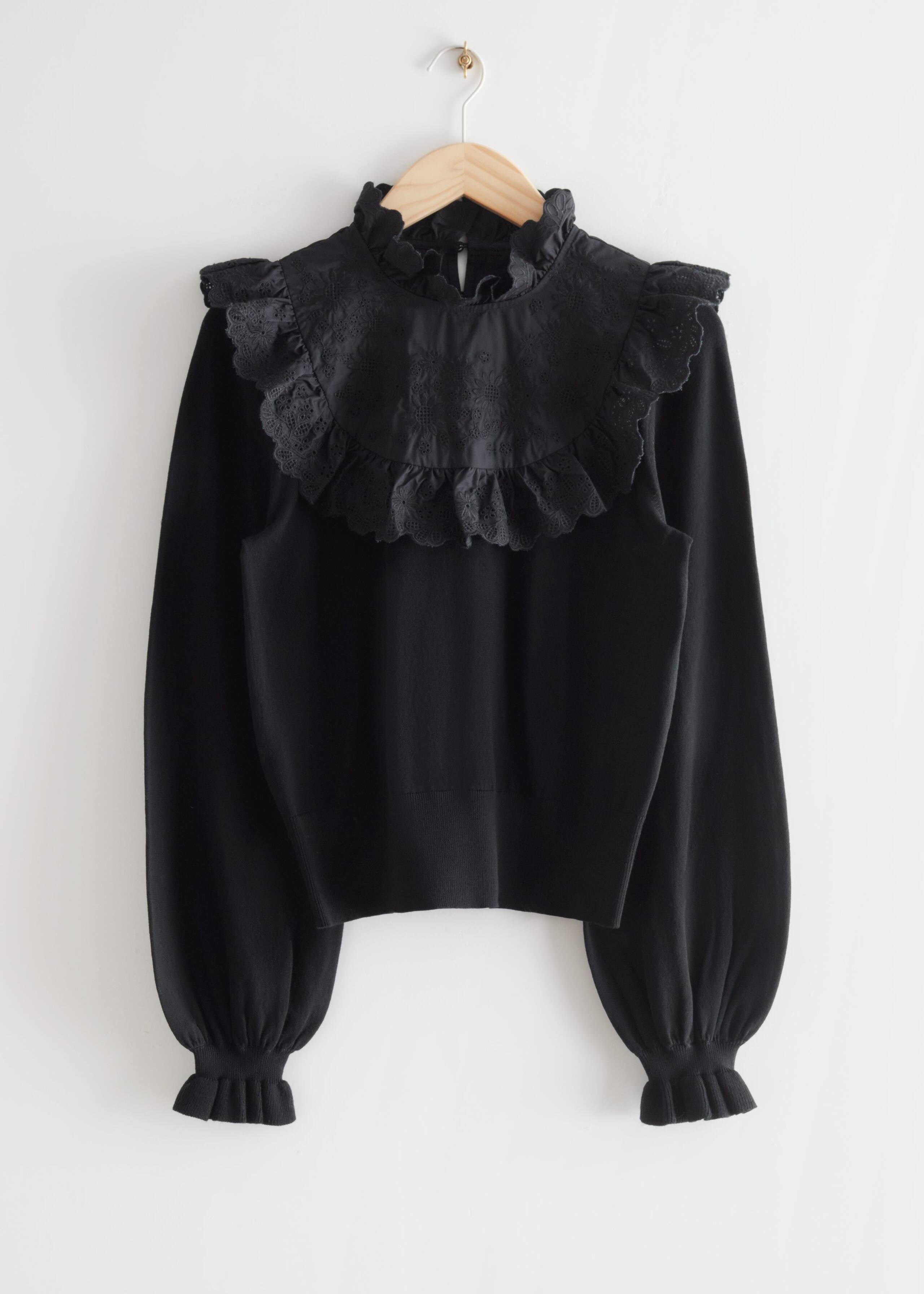 Ruffled Floral Embroidery Sweater - Black - Still Life