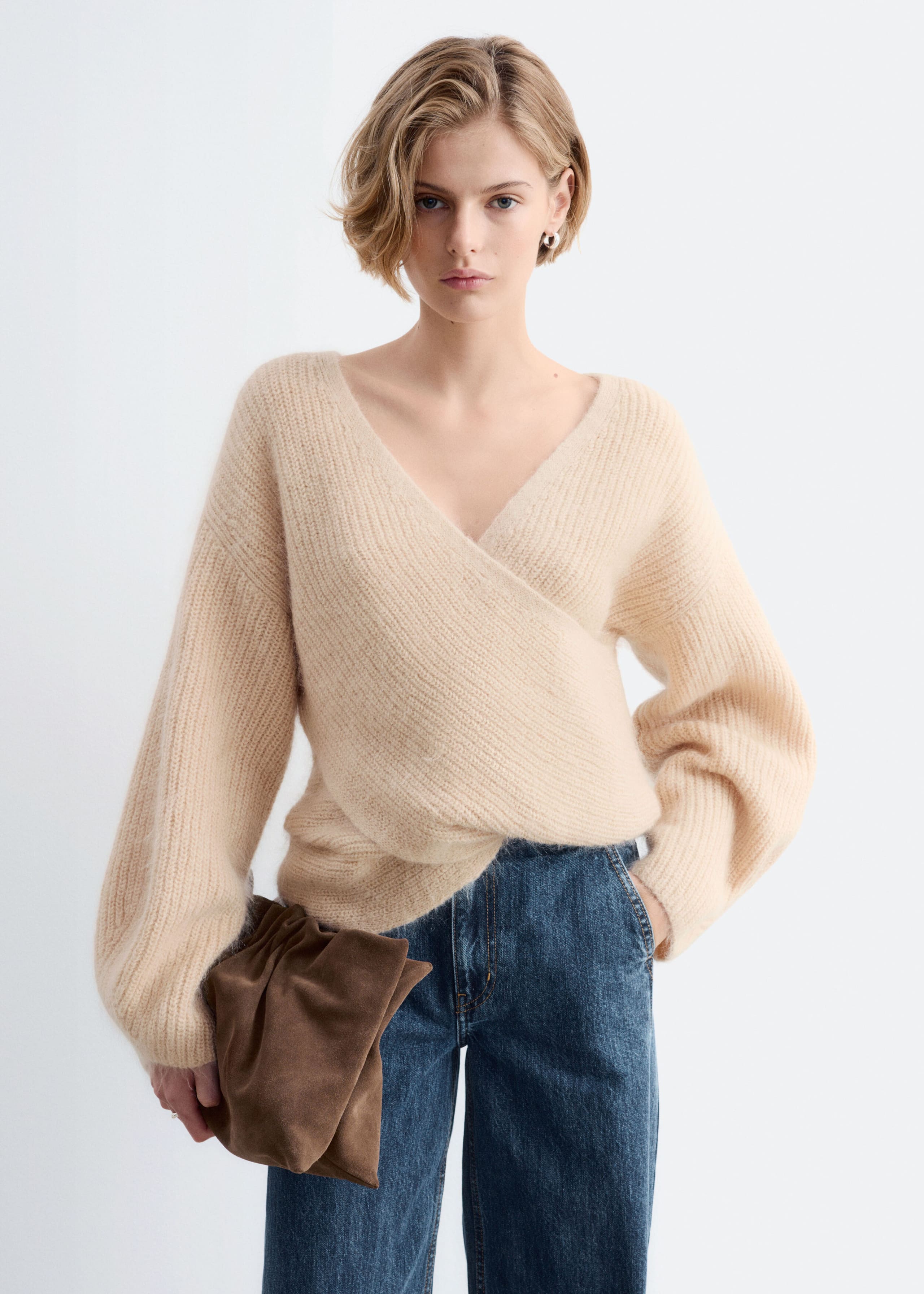 Mohair Blend Wrap Front Jumper - Beige - Lookbook