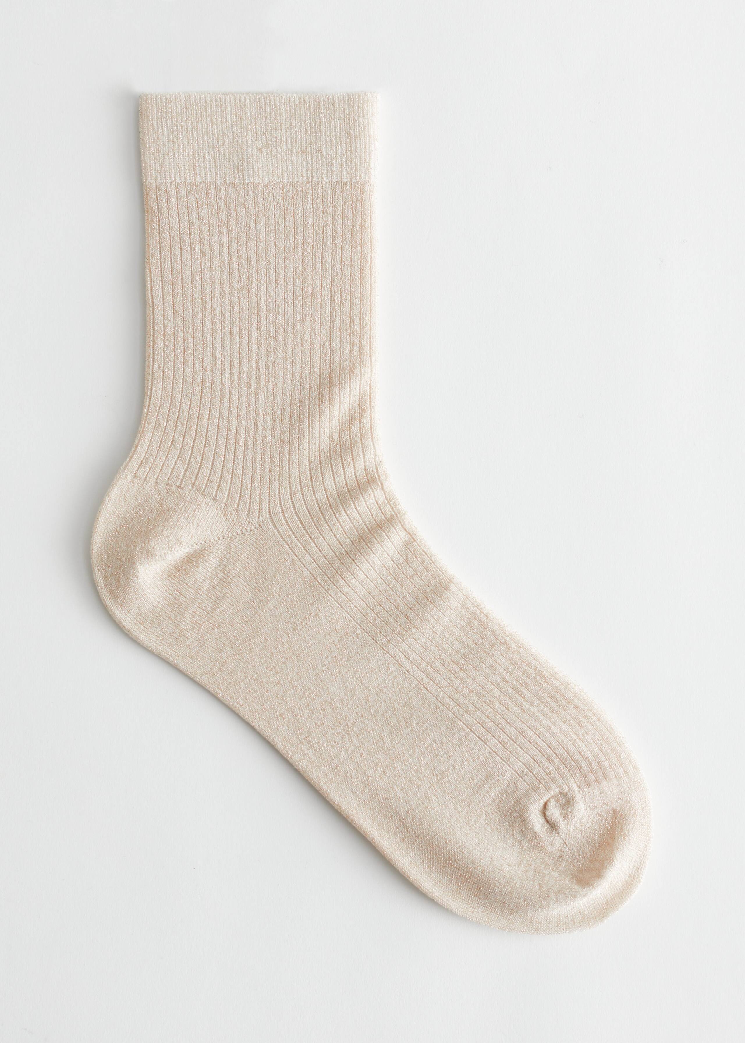 Glitter Rib Knit Ankle Socks - Beige Glitter - Still Life