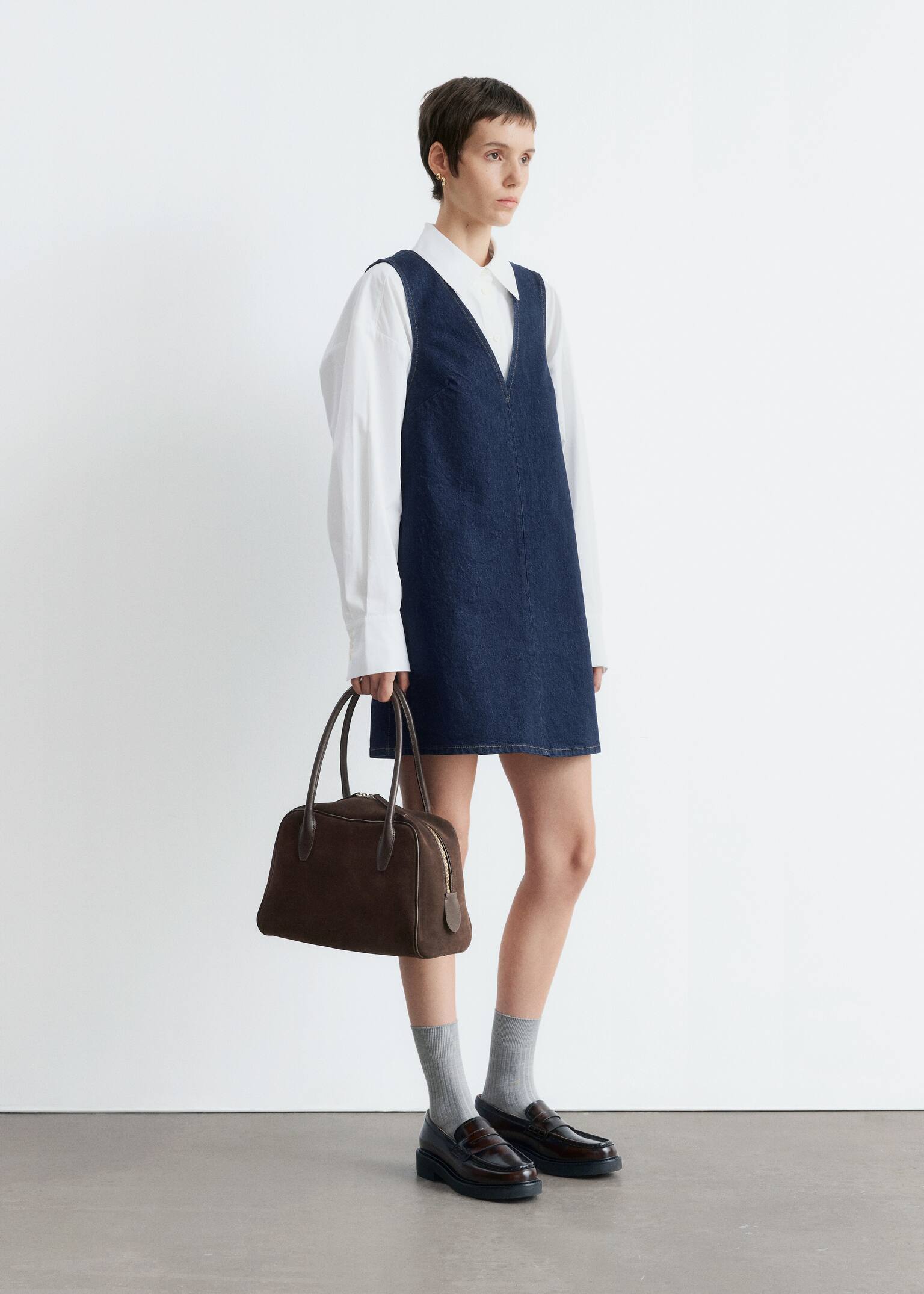 V-Neck Denim Mini Dress - Dark Blue - 6