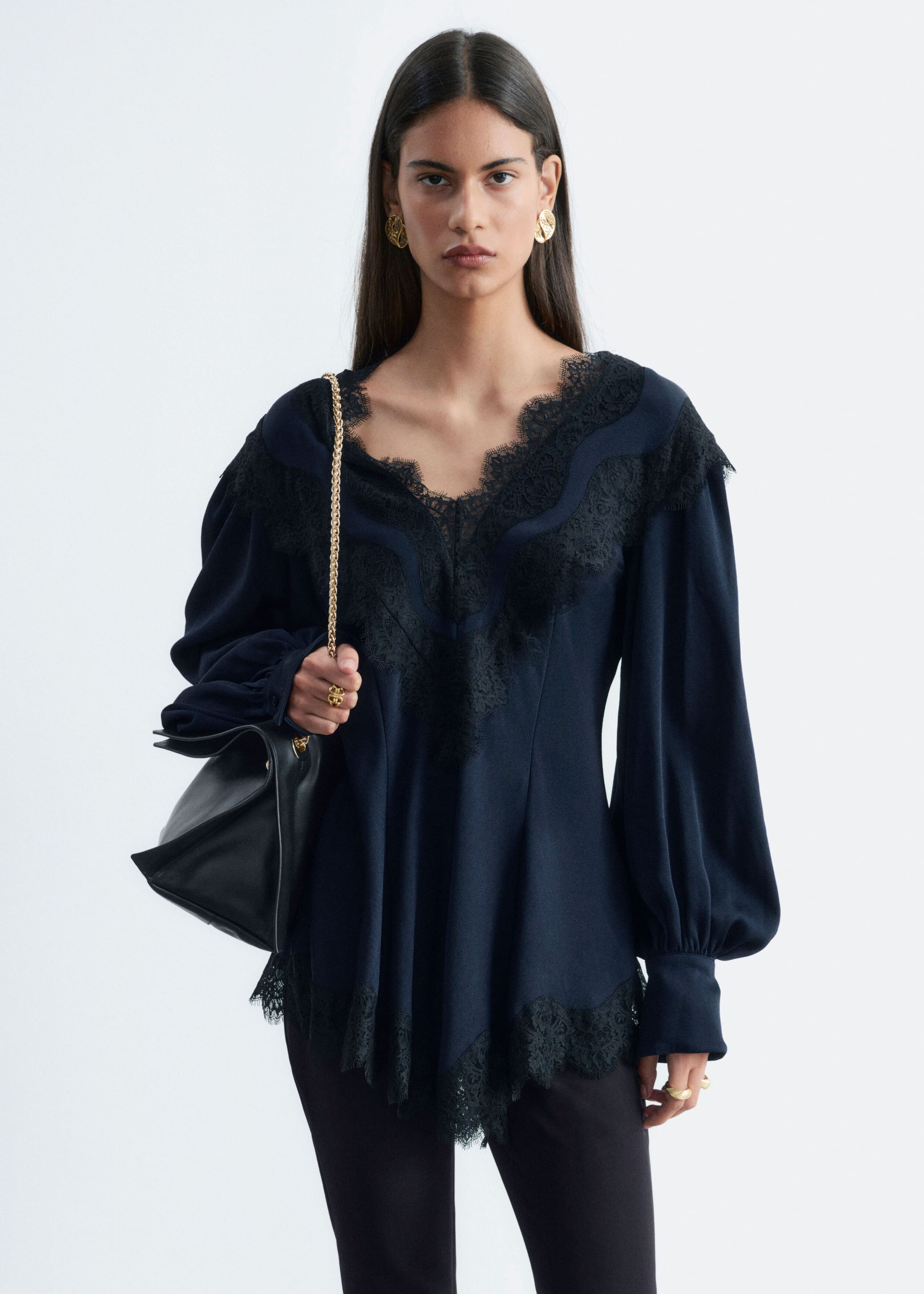 Lace-Detail Crepe Blouse - Blue/Black - Lookbook