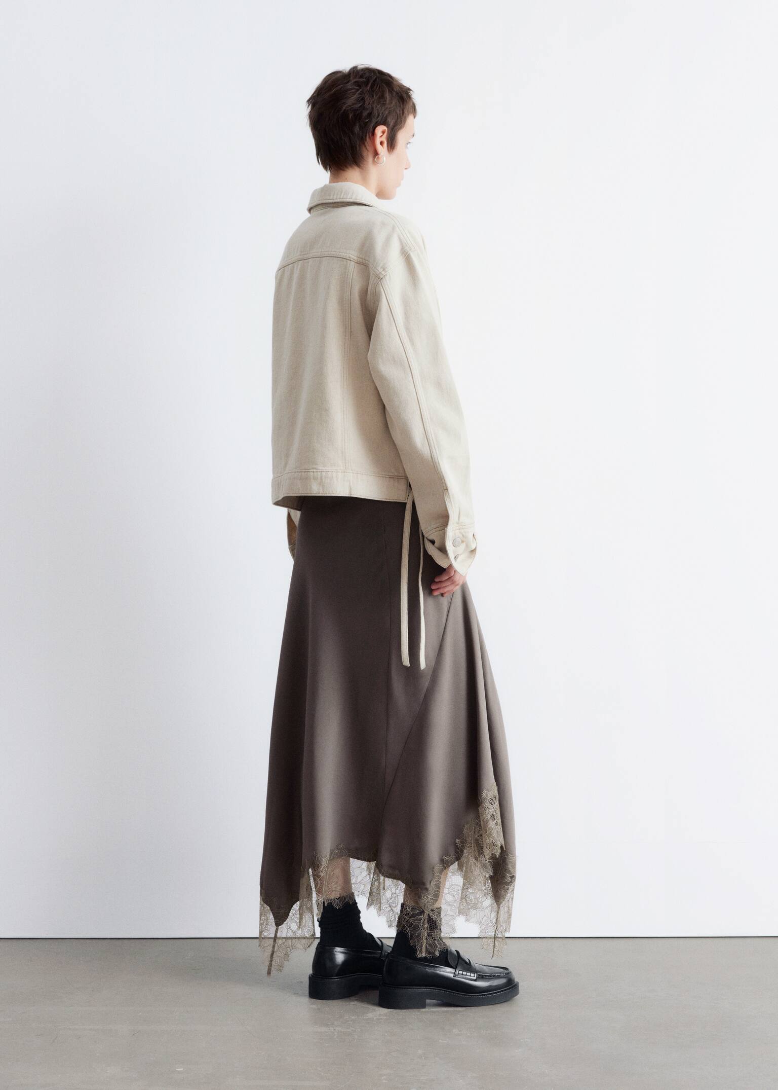 Asymmetrical Lace-Trimmed Midi Skirt - Mole - 5