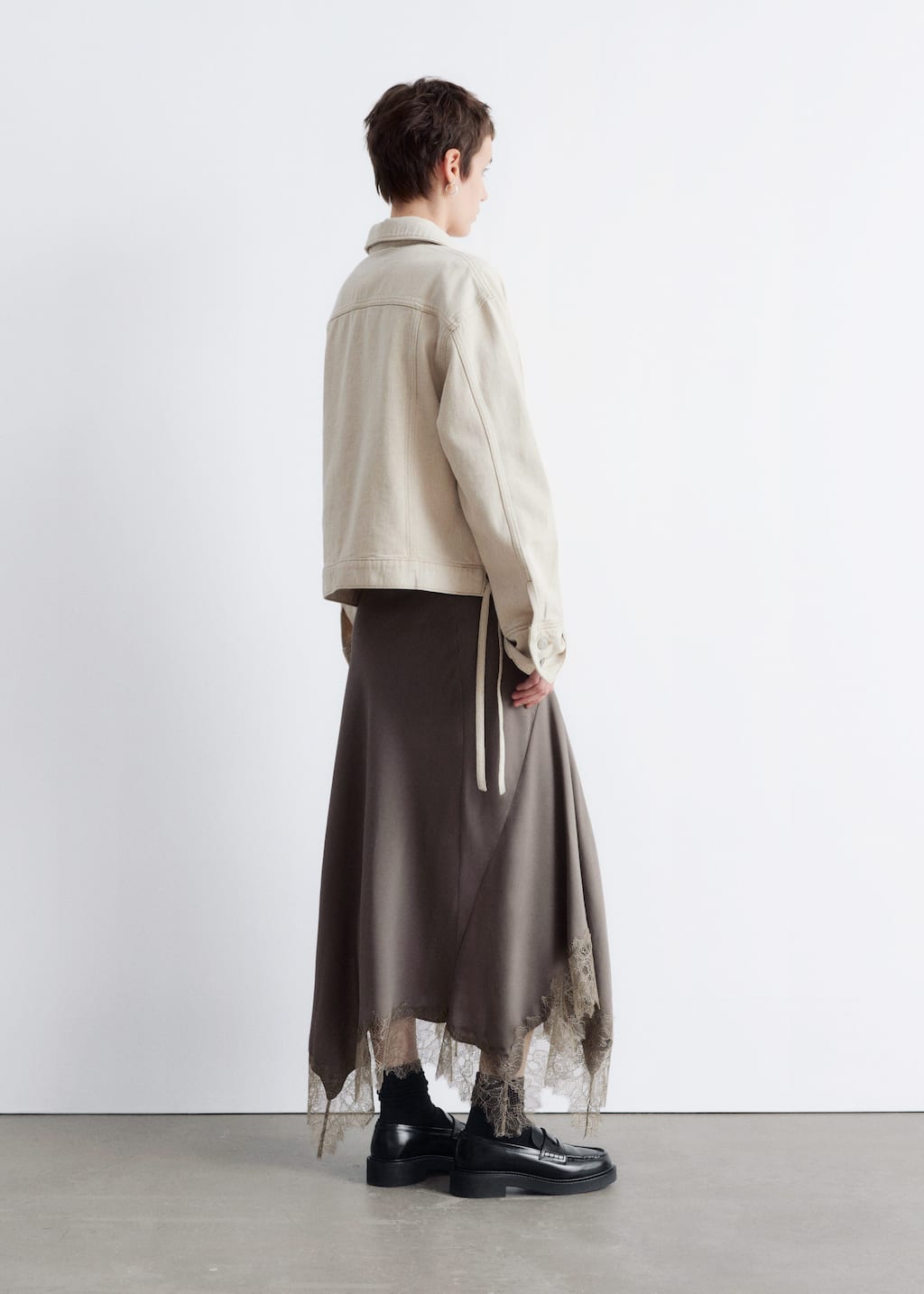 Image of Asymmetrical Lace-Trimmed Midi Skirt