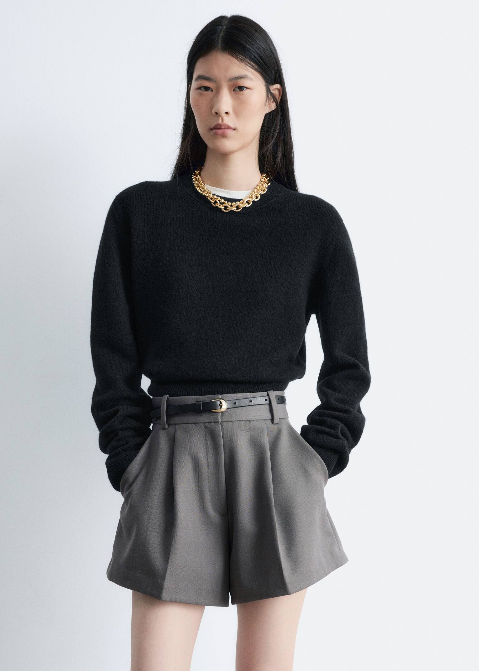 סוודר מתערובת צמר - שחור/אדום/אפור-בז’ מלנג’ בהיר - 1