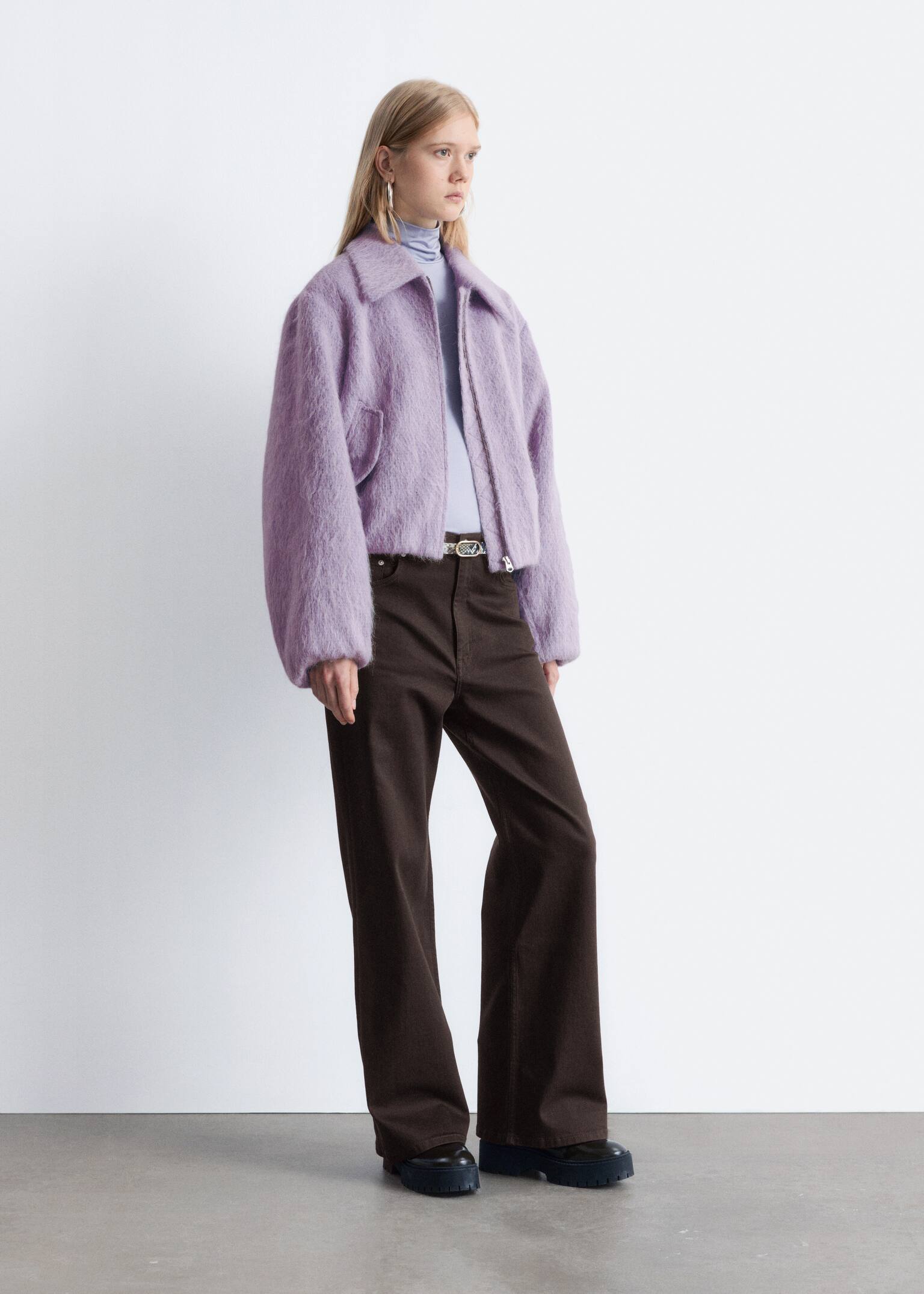 Krótka wełniana kurtka bomber - Liliowy - 7