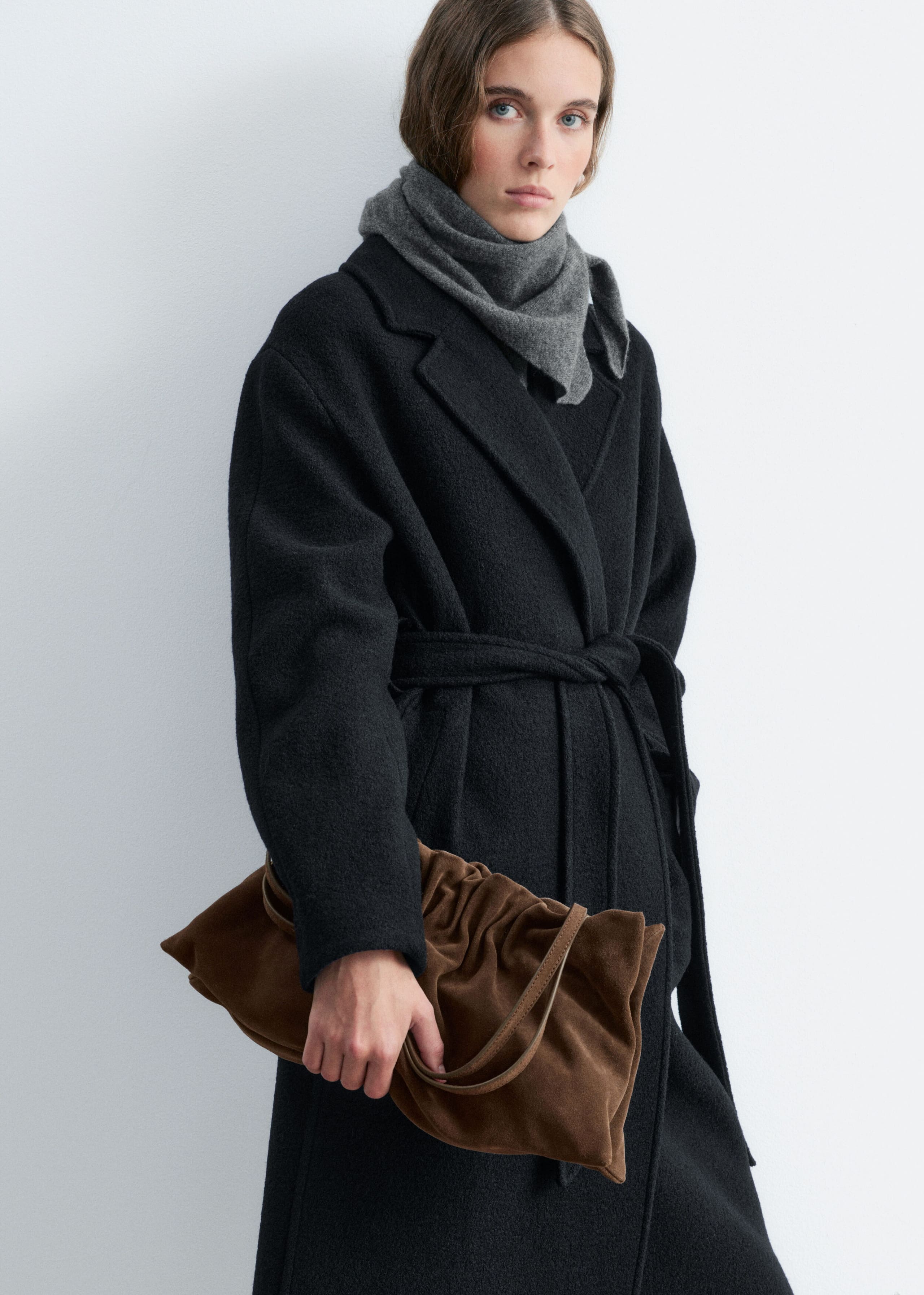 Ruched Leather Shoulder Bag - Brown - Lookbook