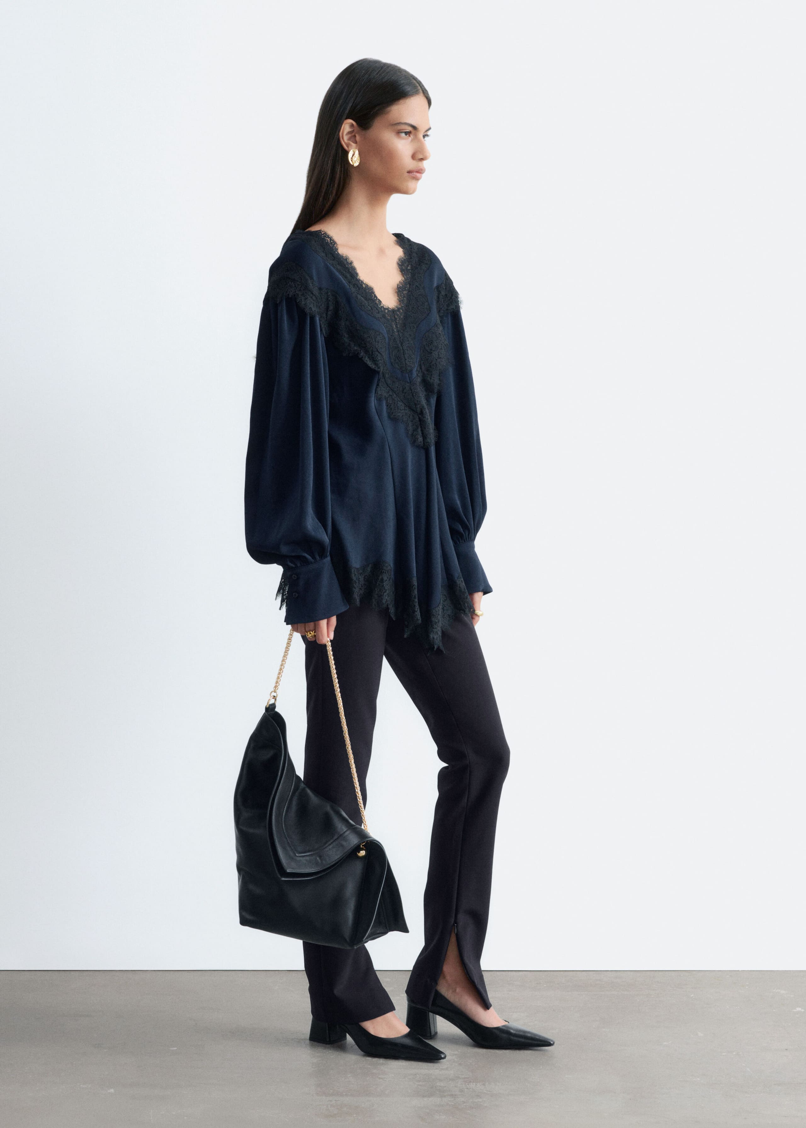 Lace-Detail Crepe Blouse - Blue/Black - Lookbook