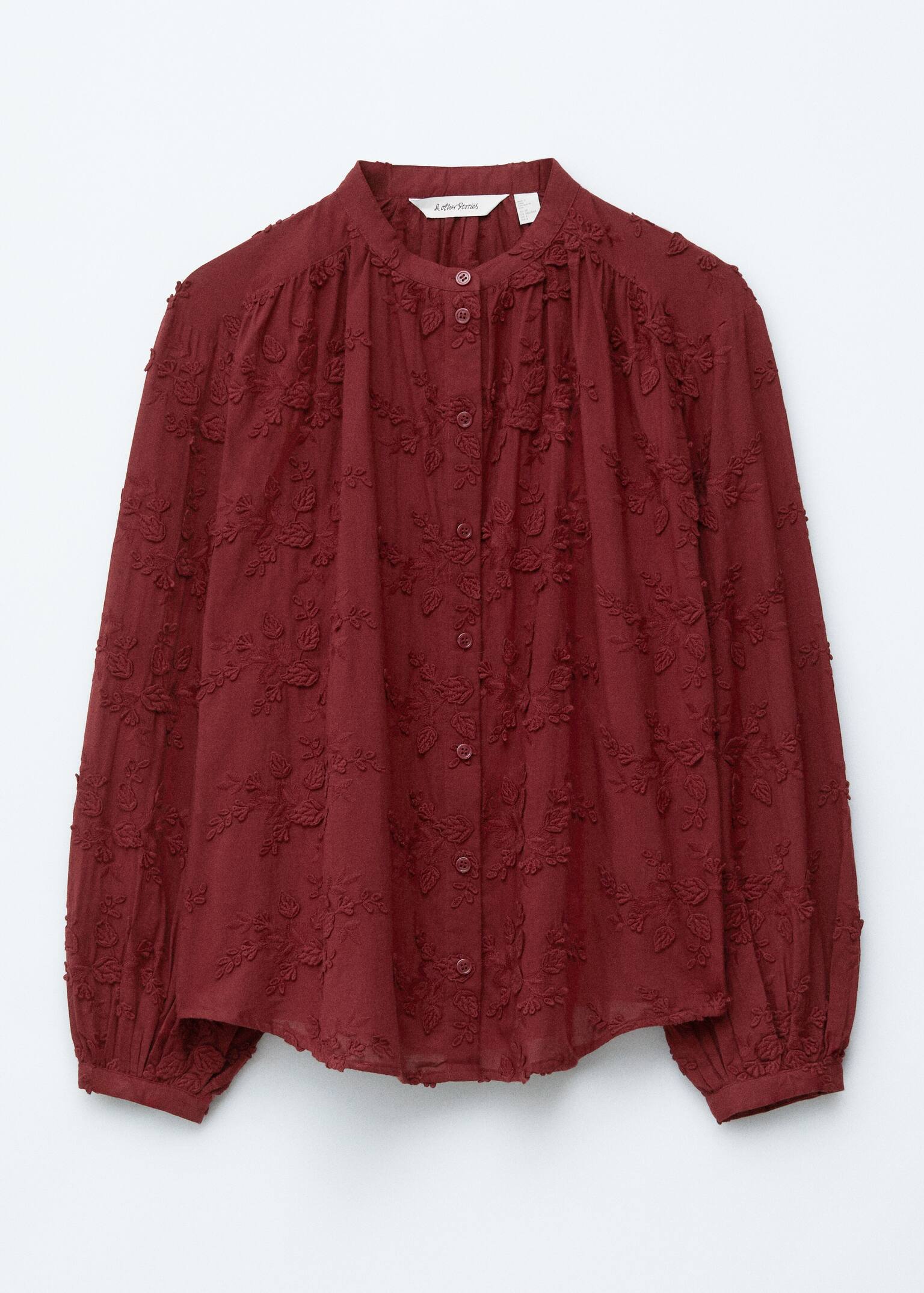 Voluminous Floral-Appliqué Blouse - Dark Red/Dusty Pink Embroidery/Petrol/White/Navy/Purple