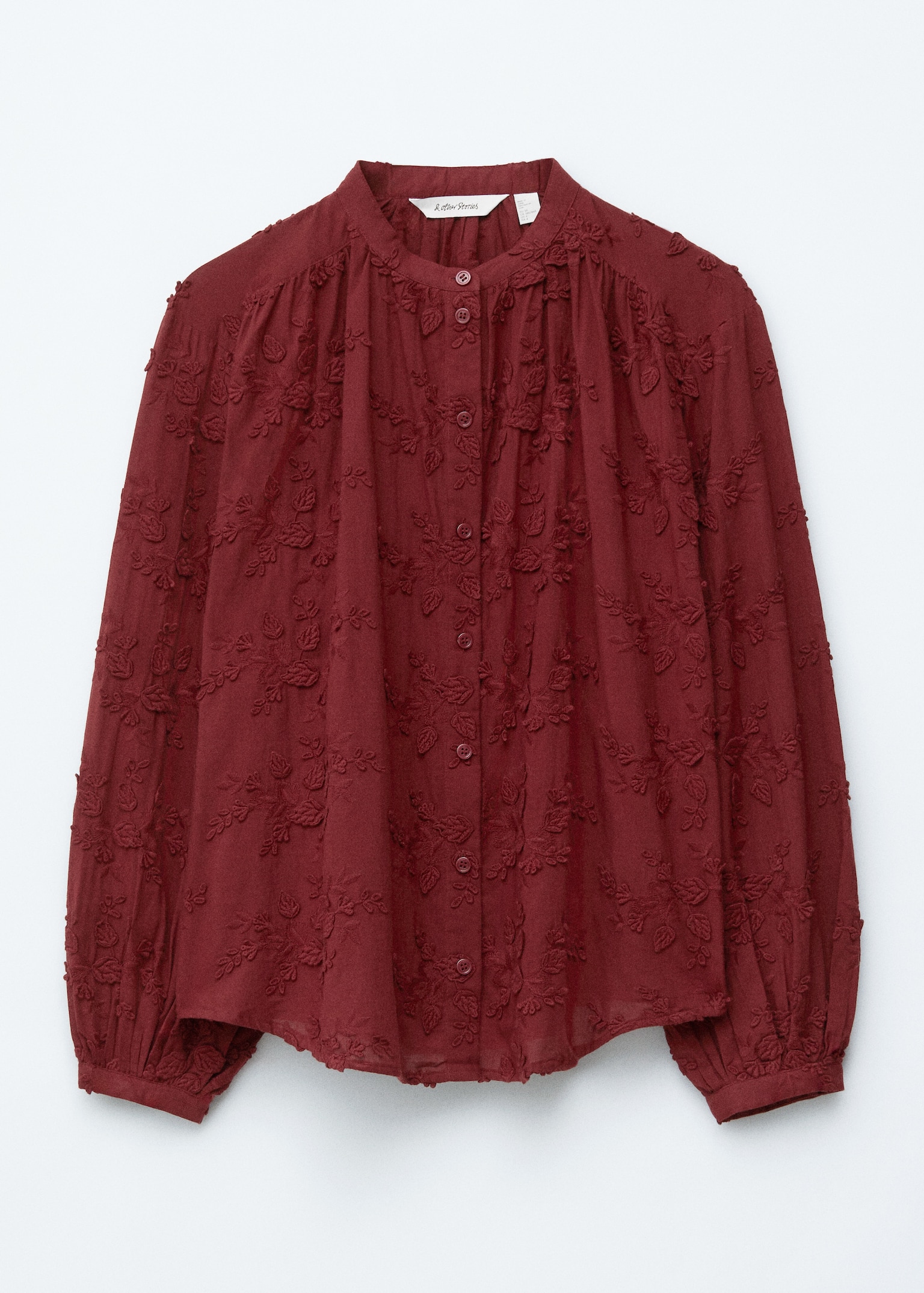 Camicetta voluminosa con applicazioni floreali - Rosso scuro/Petrolio/Ricamo rosa polvere/Bianco/Blu navy/Nero/Viola