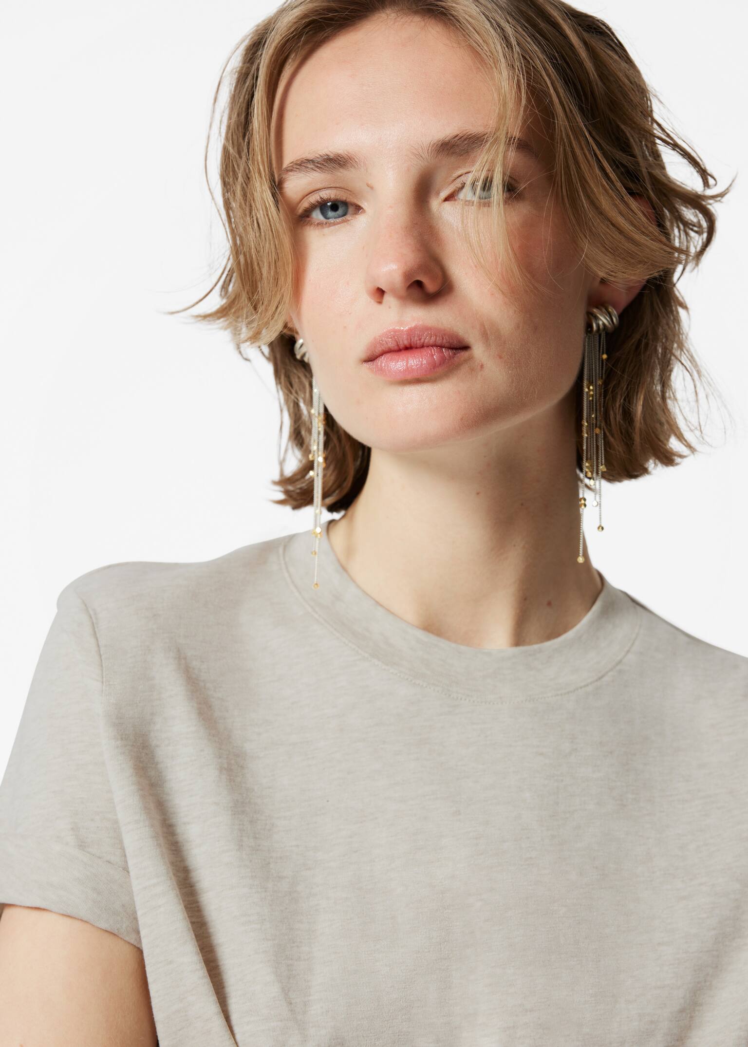 חולצת טי עם צווארון עגול - בז'/שחור/חום/אפור מלנג' כהה - 5