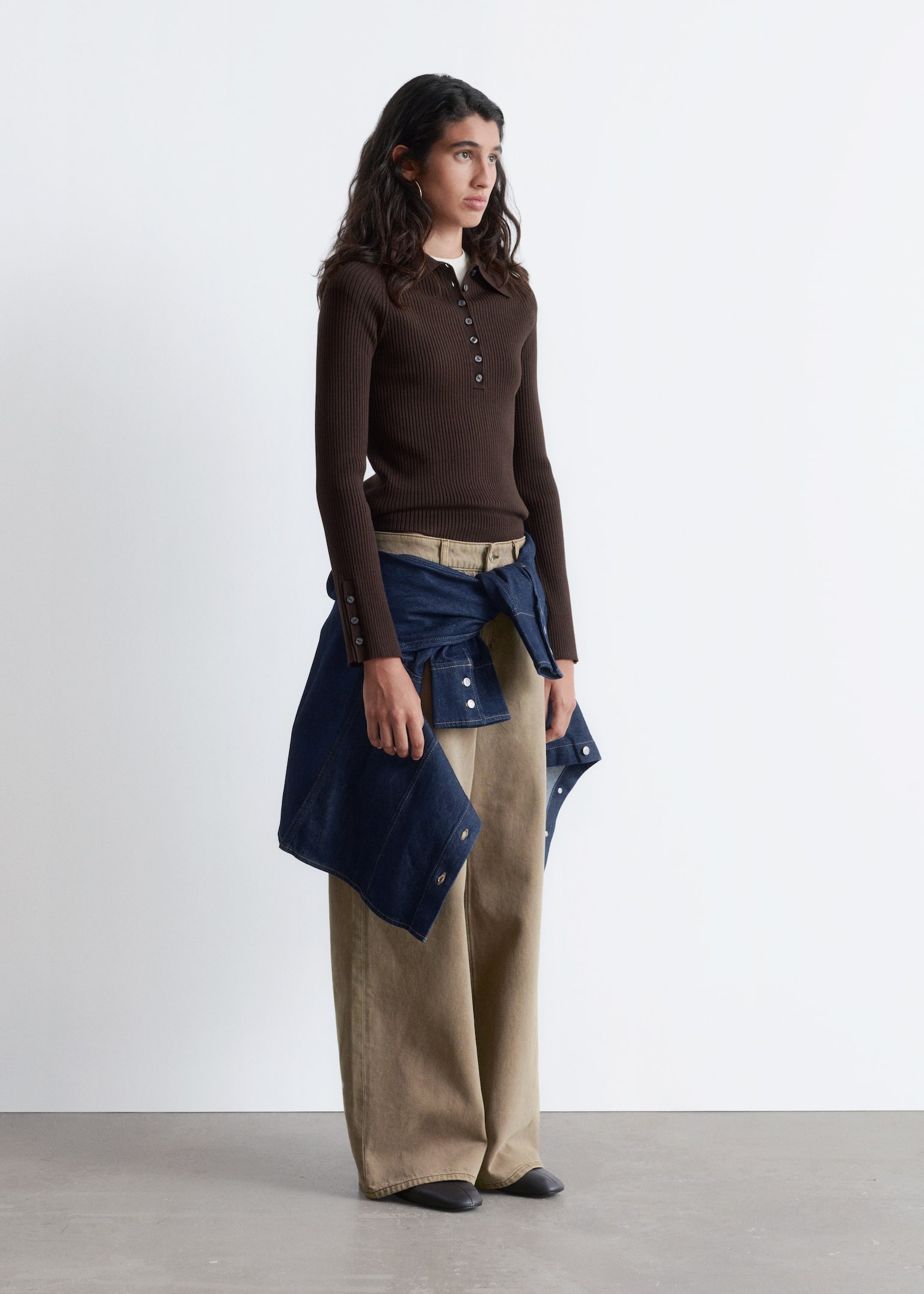 Rib-Knit Polo Shirt - Dark Brown/Caramel Brown/Light Blue - 4