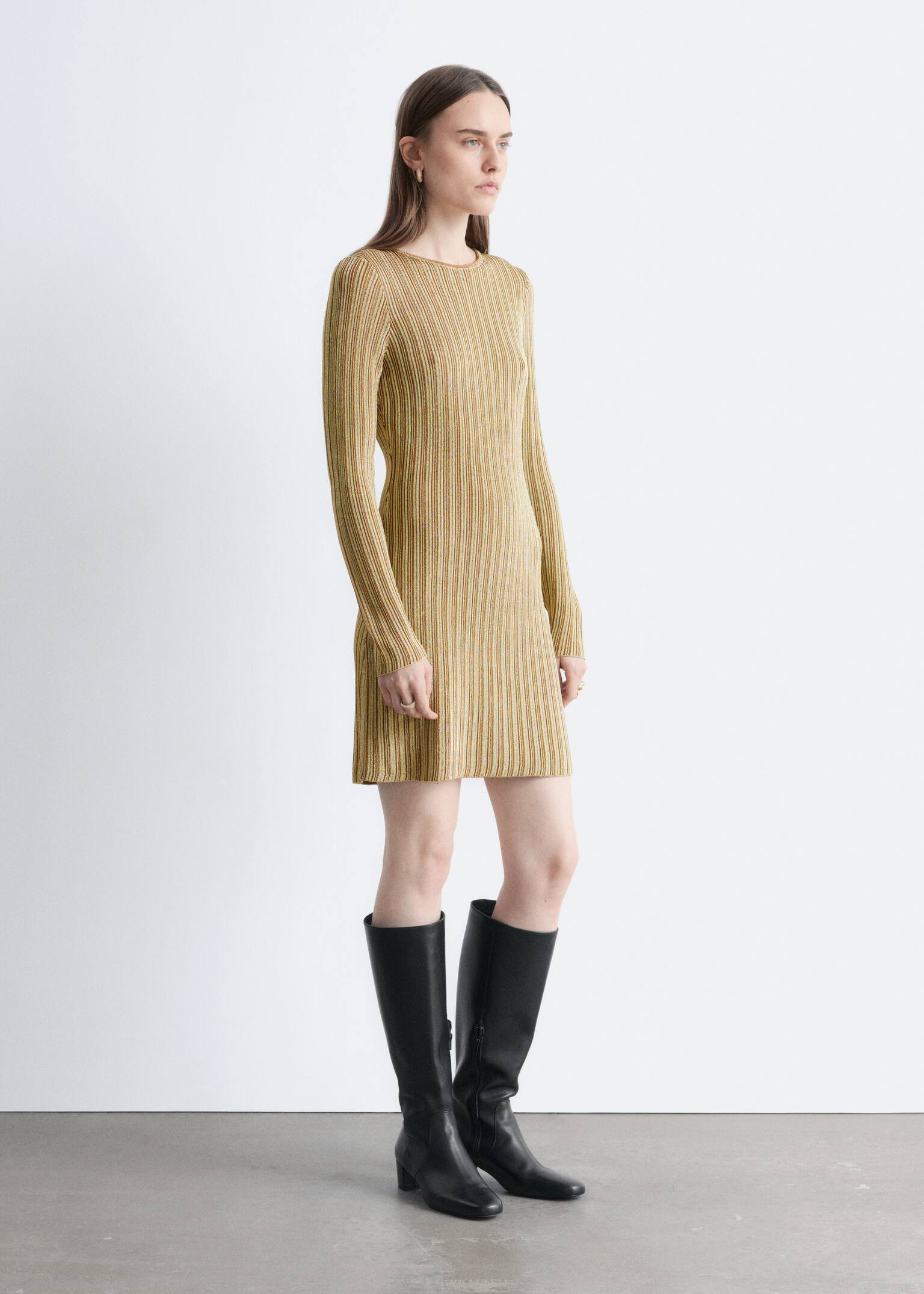 Dzianinowa sukienka mini w prążki z długim rękawem - Złoty/Srebrny - 4