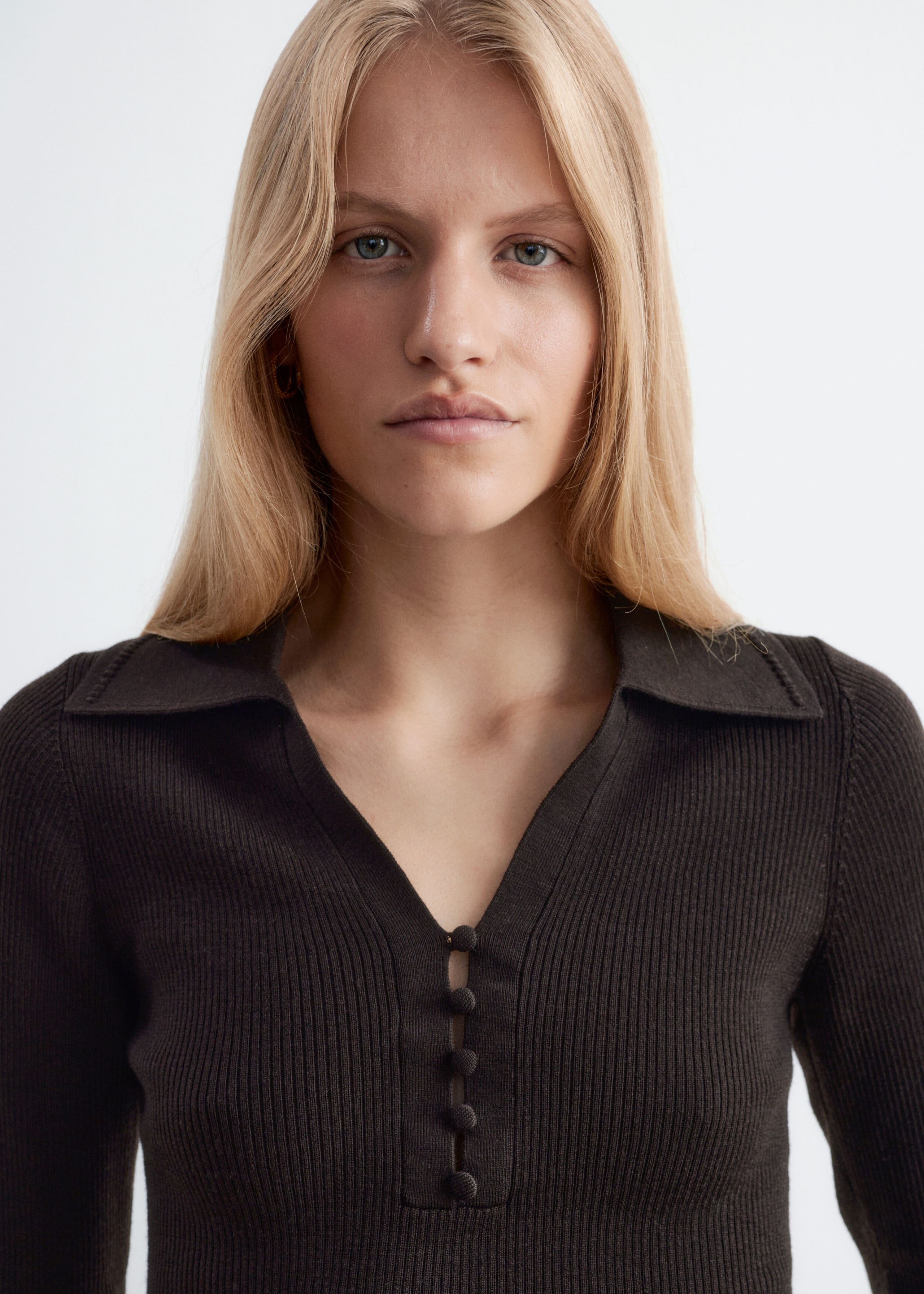Button-Detail Wool Top - Dark Brown - Lookbook