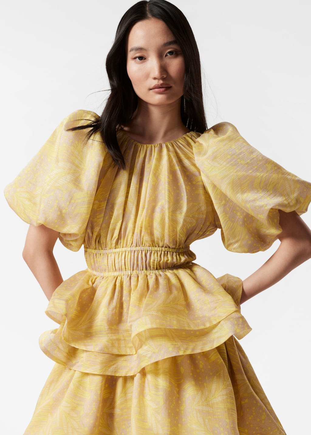 Tiered Puff-Sleeve Maxi Dress - Yellow jacquard - Lookbook