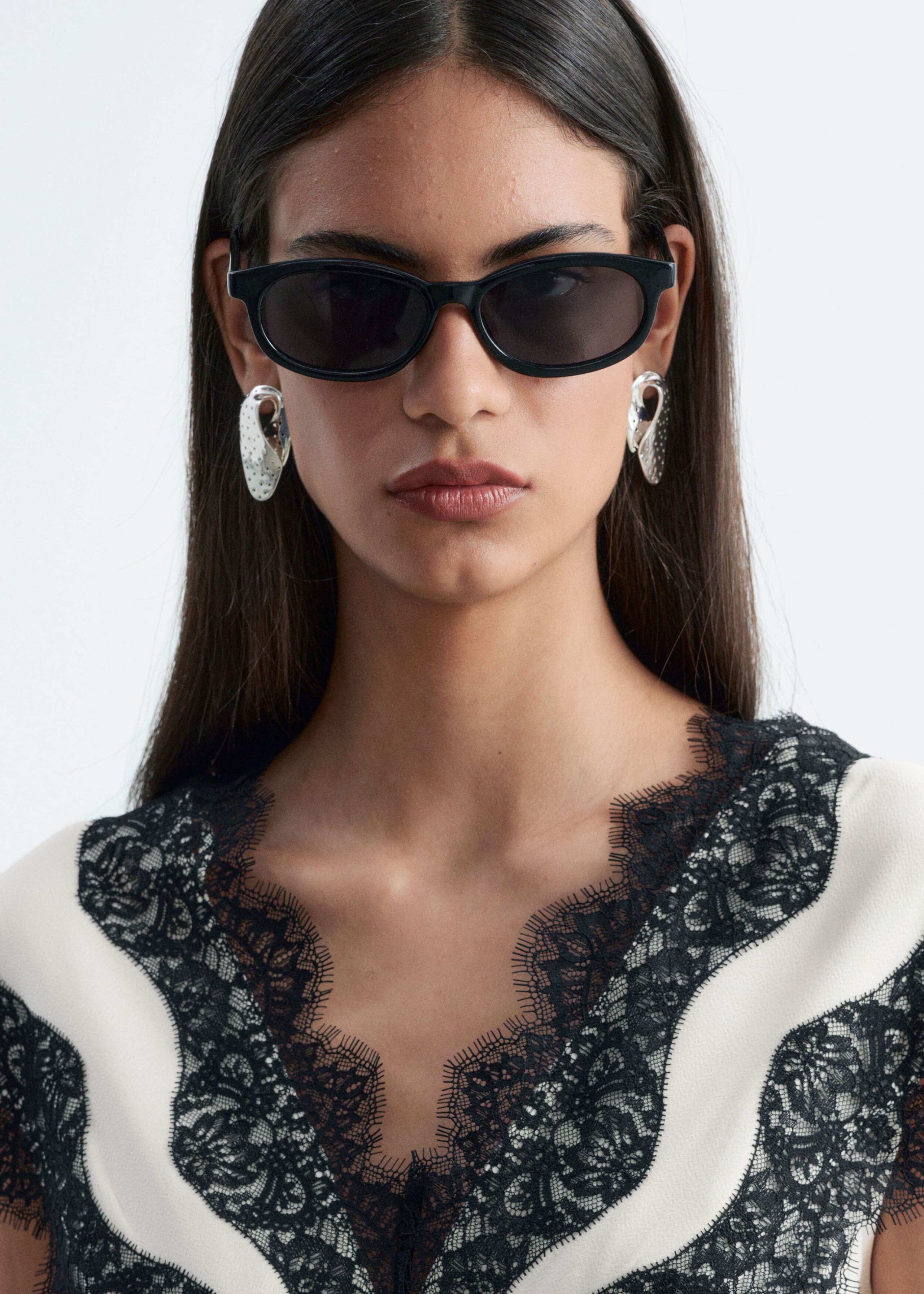 Lace-Trim V-Neck Top - White/Black - Still Life