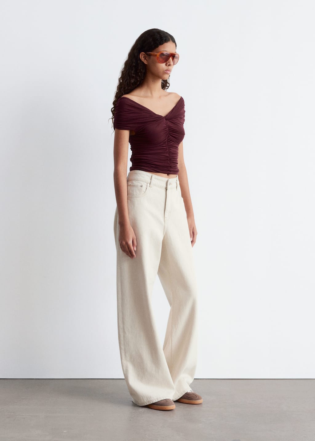 Image of Ruched V-neck Mesh Top
