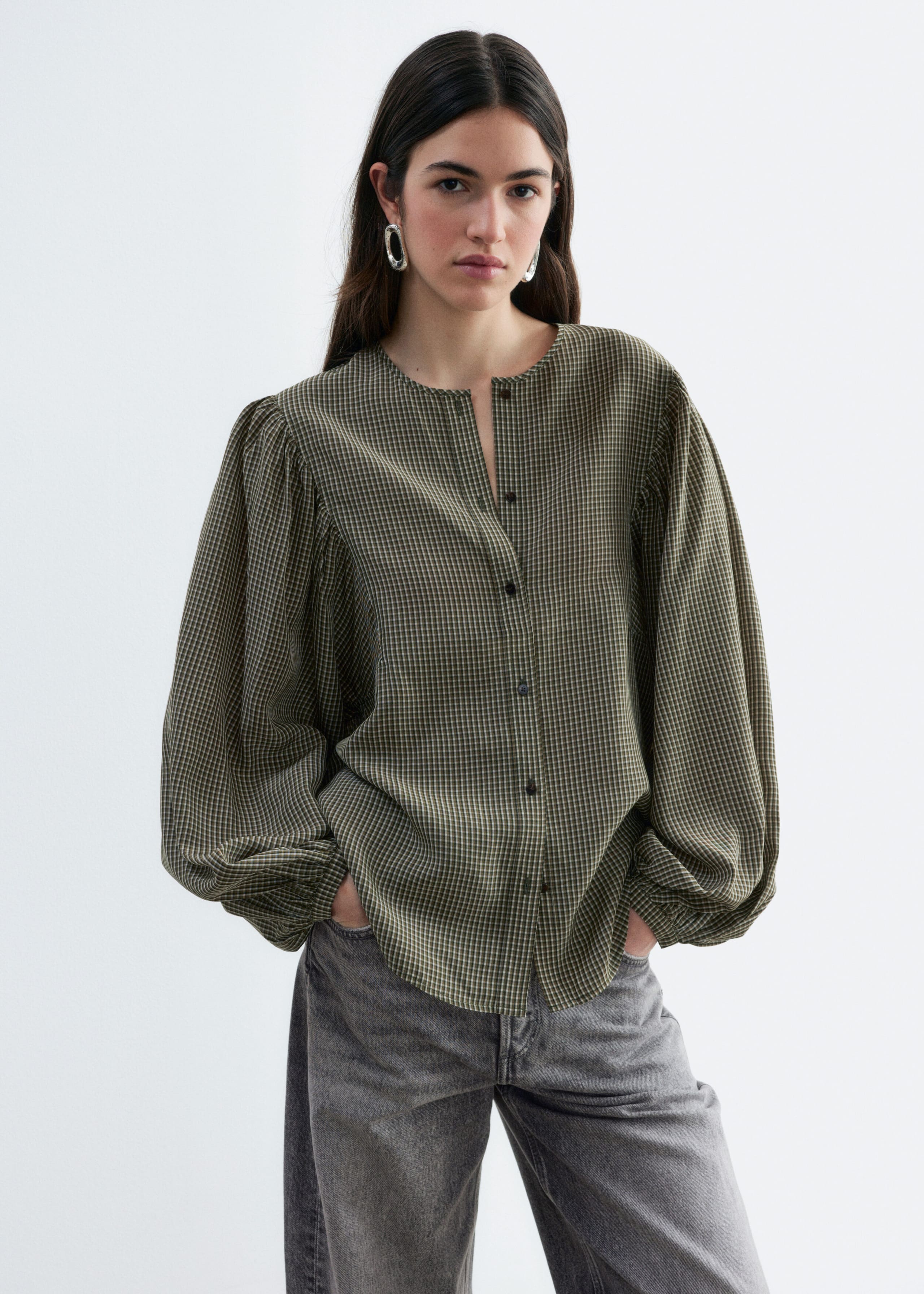 Gathered Cotton Blouse - Grey/Green/Checked - Lookbook