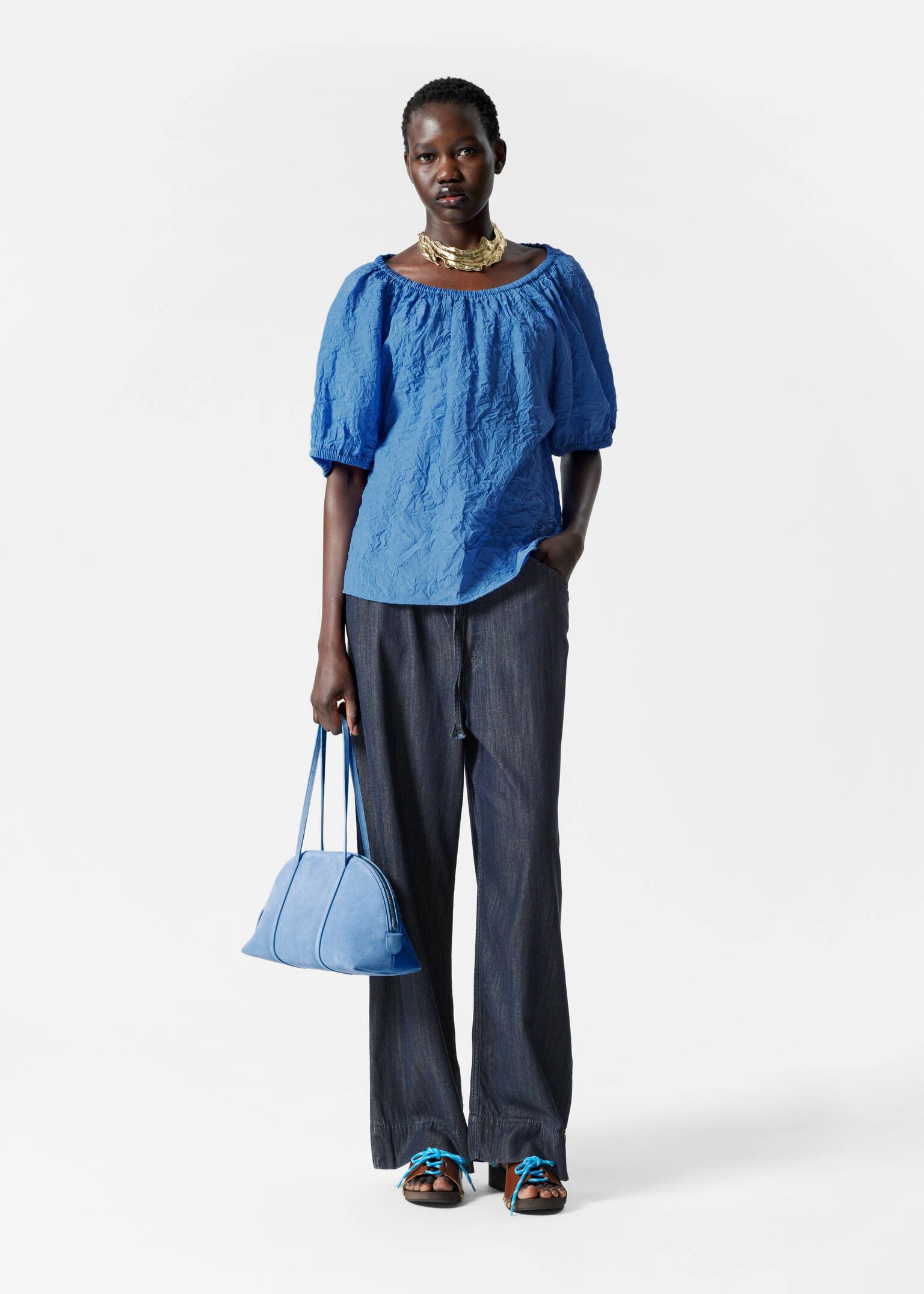 Textured Short-Sleeve Blouse - Albastru/Bej - 3