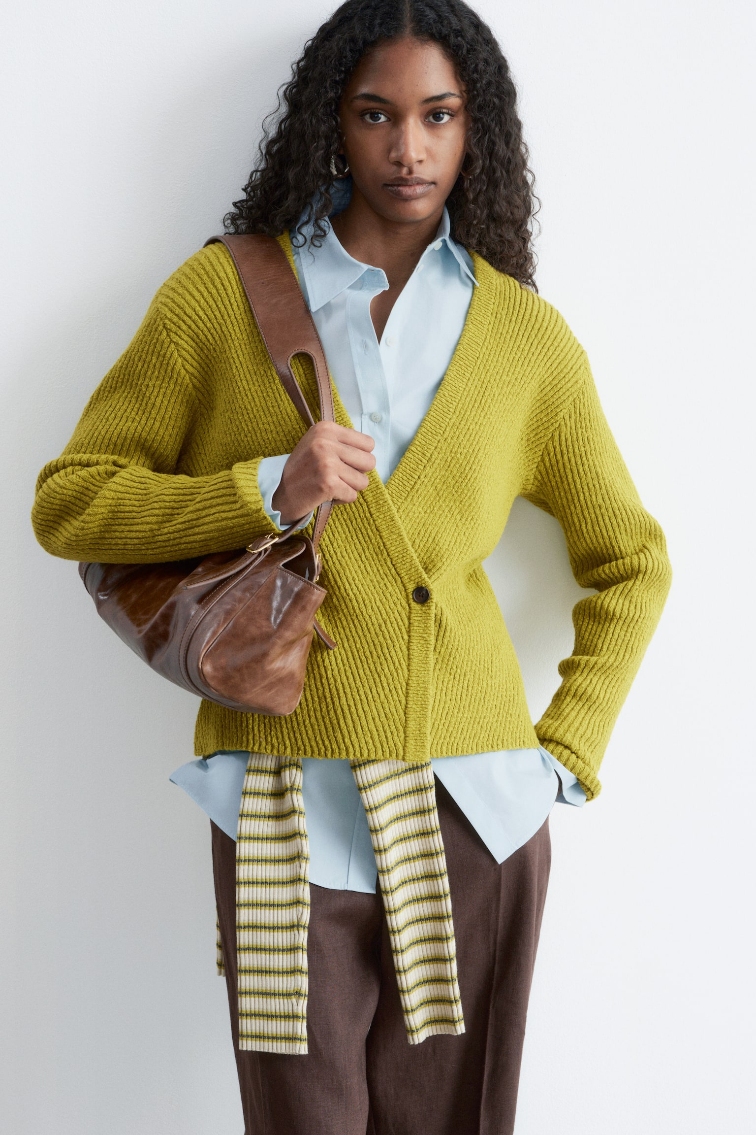 Rippstrickjacke aus Baumwolle - Chartreuse/Weiß/Grau - 8