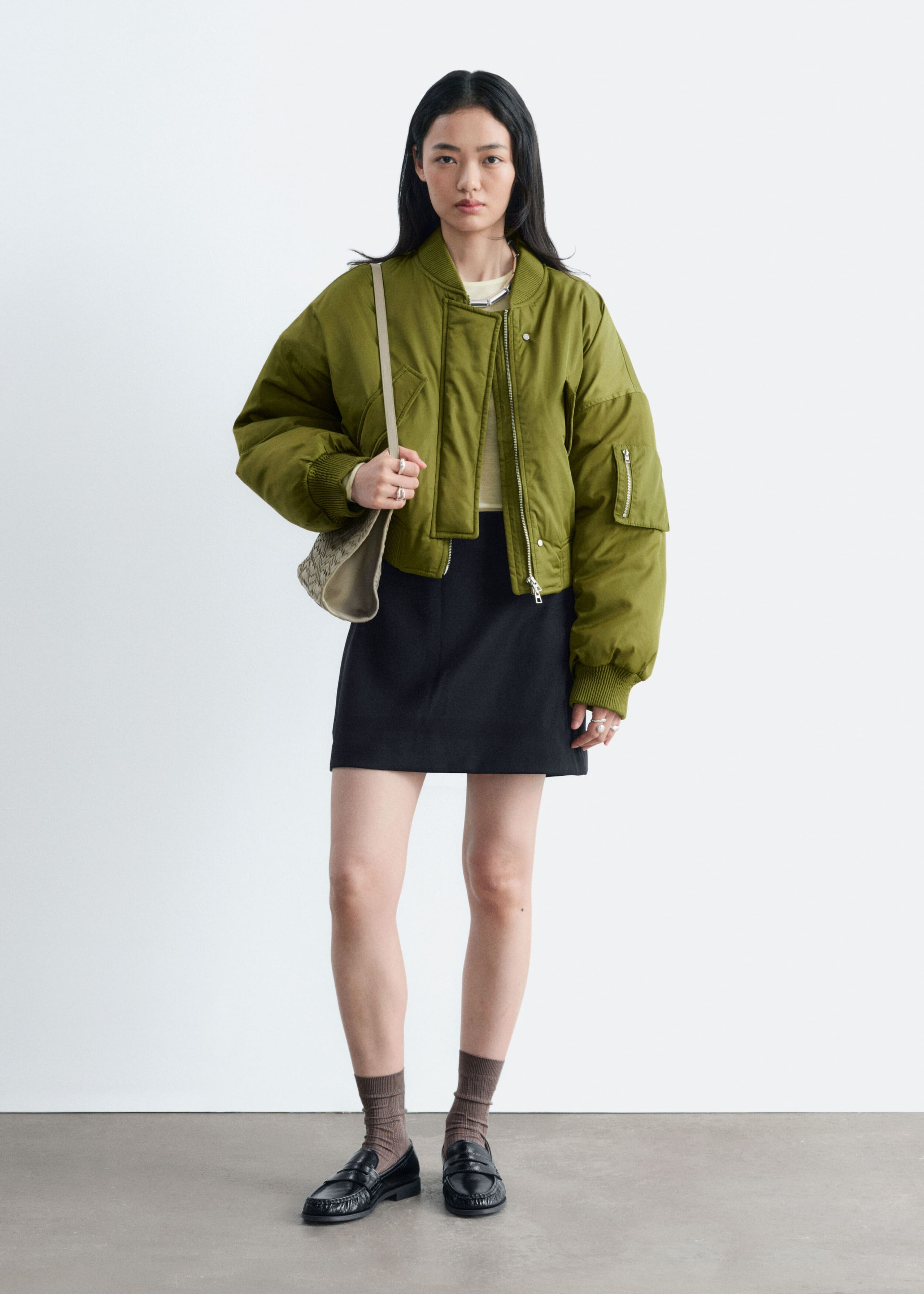 Cropped Bomber Jacket - Green - Lookbook