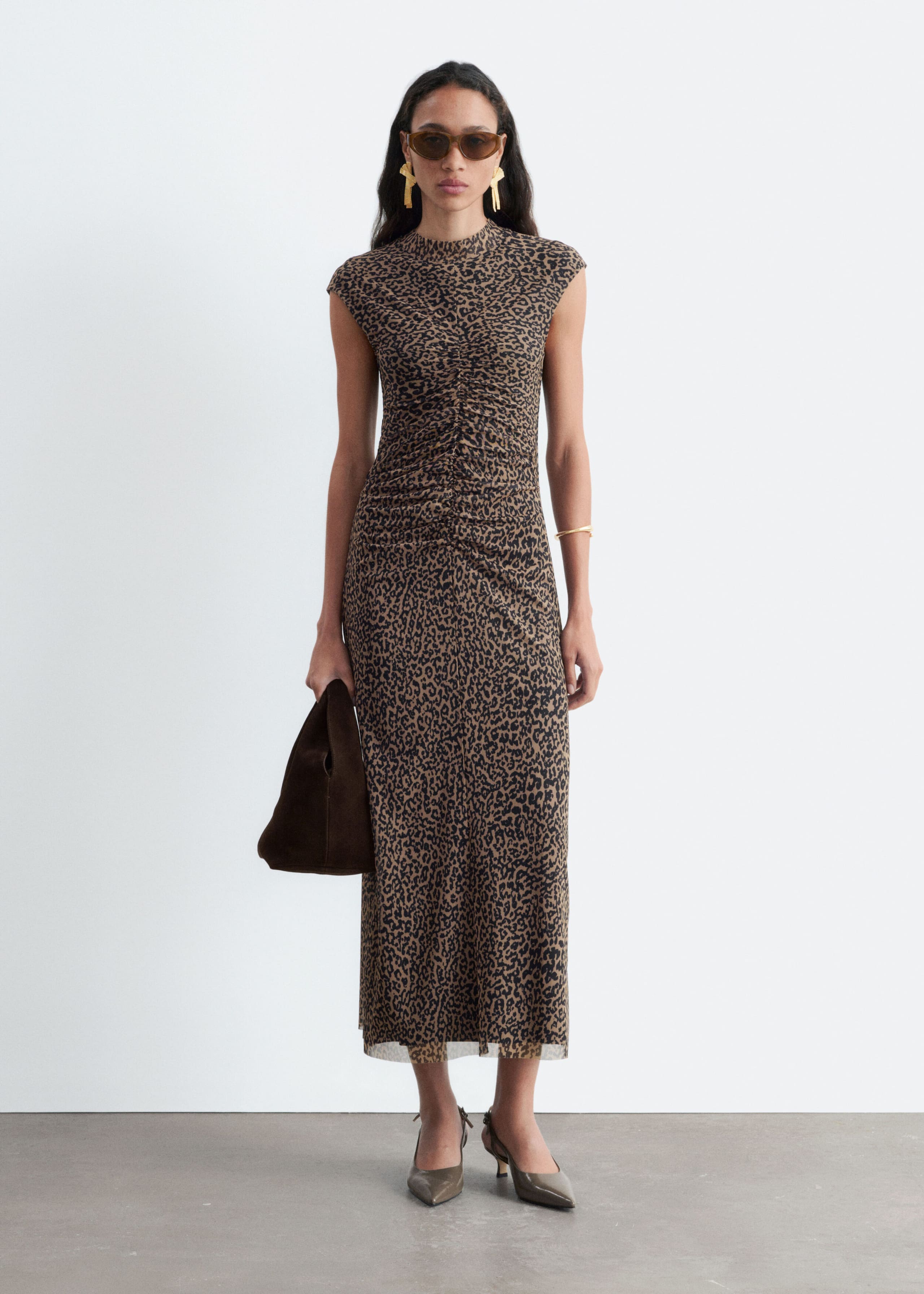 Ruched Jersey Dress - Brown Leopard Print - Lookbook