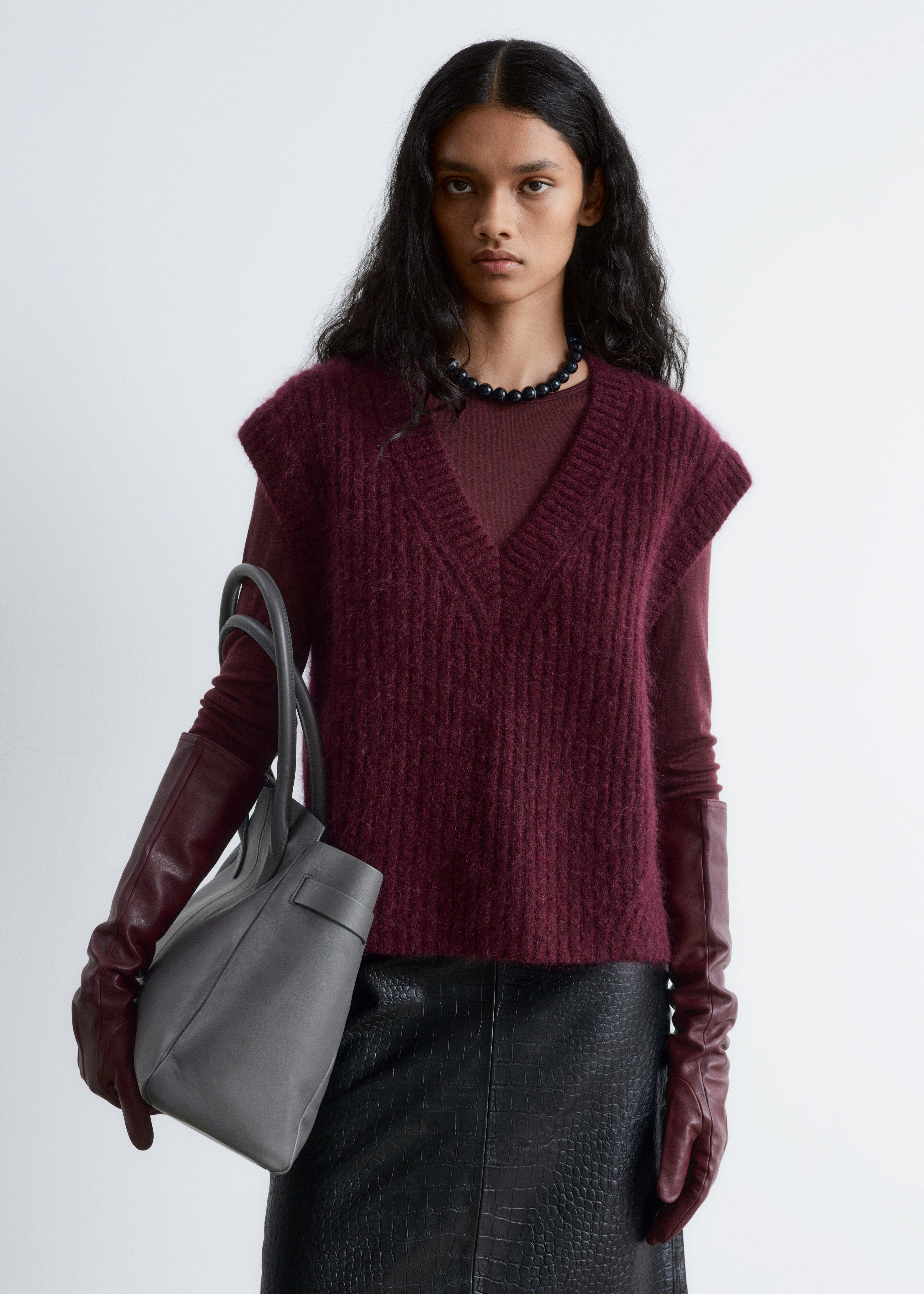 Stickad slipover i mohairblandning - Vinröd