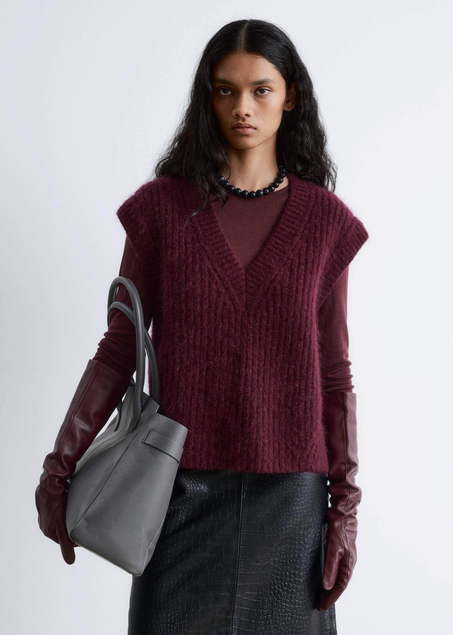 Knitted Mohair-Blend V-Neck Vest - Burgundy/Khaki green
