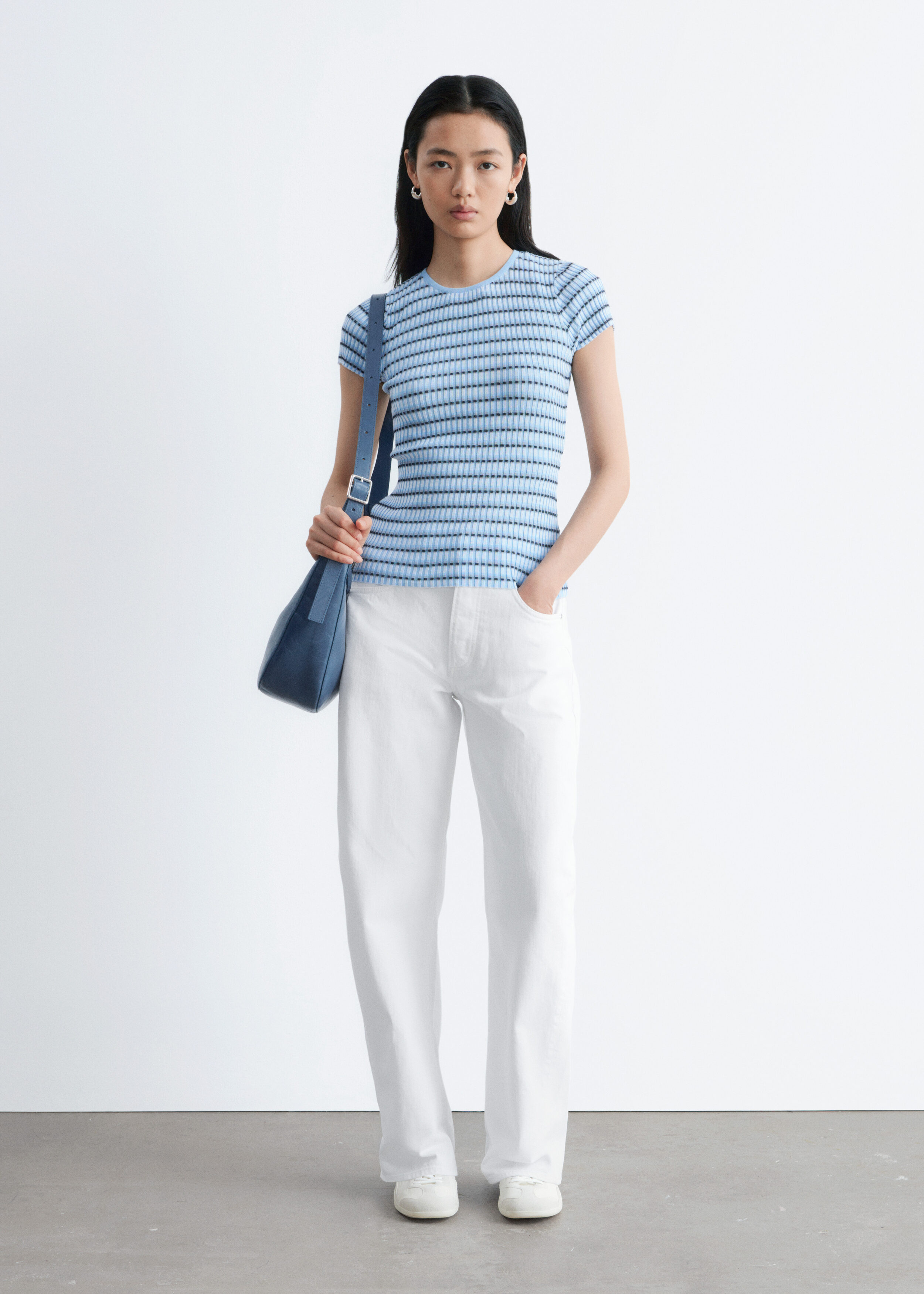 カットソー(半袖+袖なし) sheller back ribbon stripe knit tops White Short Sleeve T-Shirt With Rib Trim – Florence Eiseman
