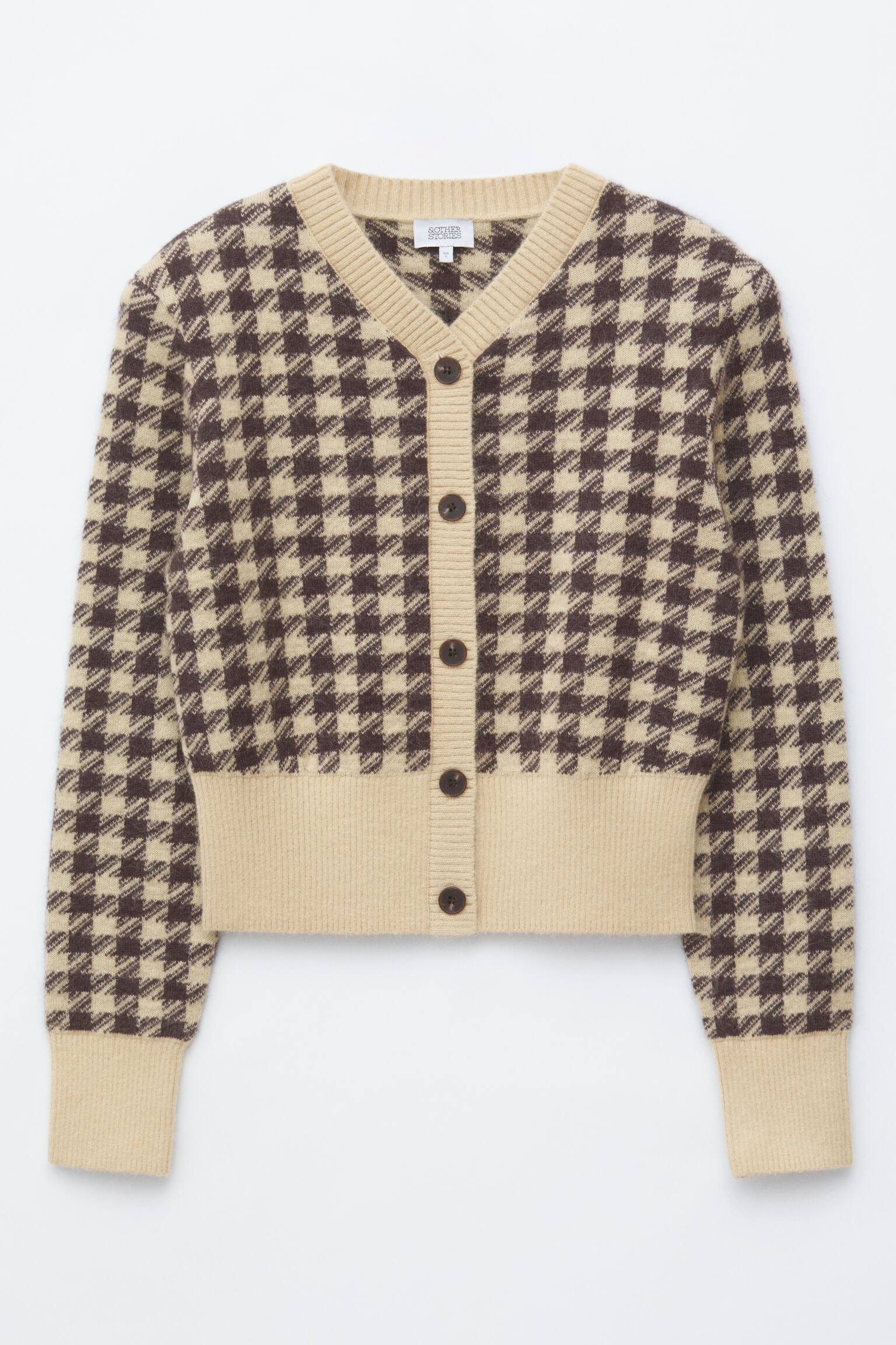 Cárdigan de jacquard de mezcla de mohair - Crema/Marrón/Pata gallo turquesa/azul mar