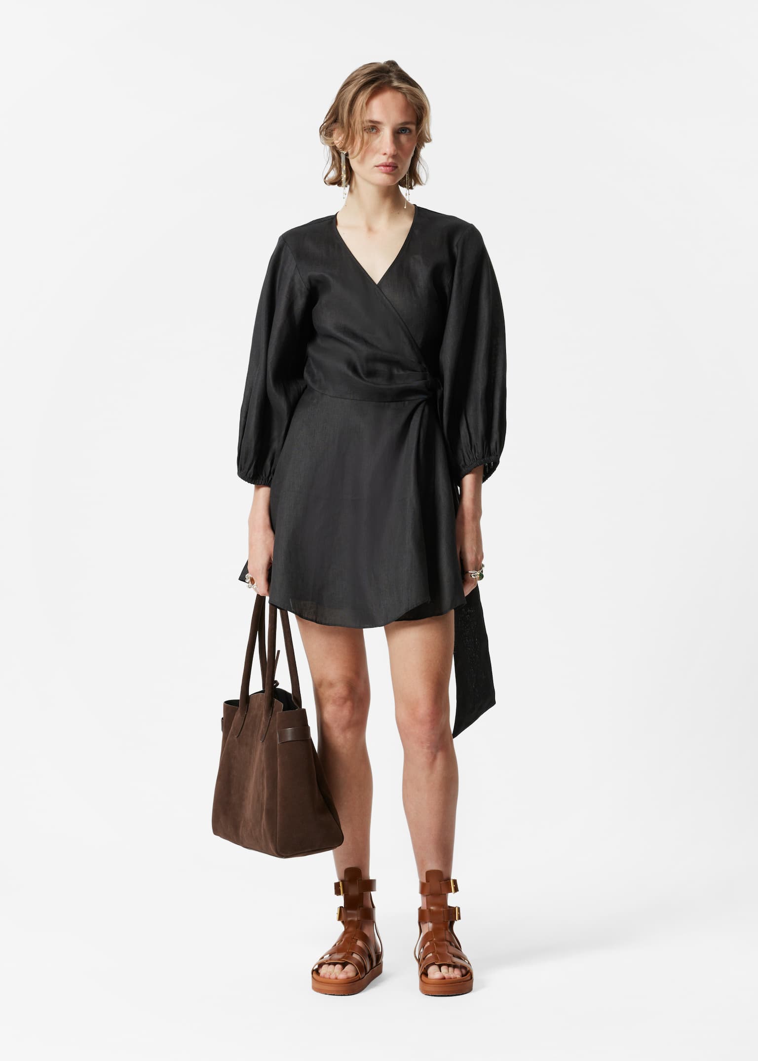 Linen Wrap Mini Dress - Black/Light Green