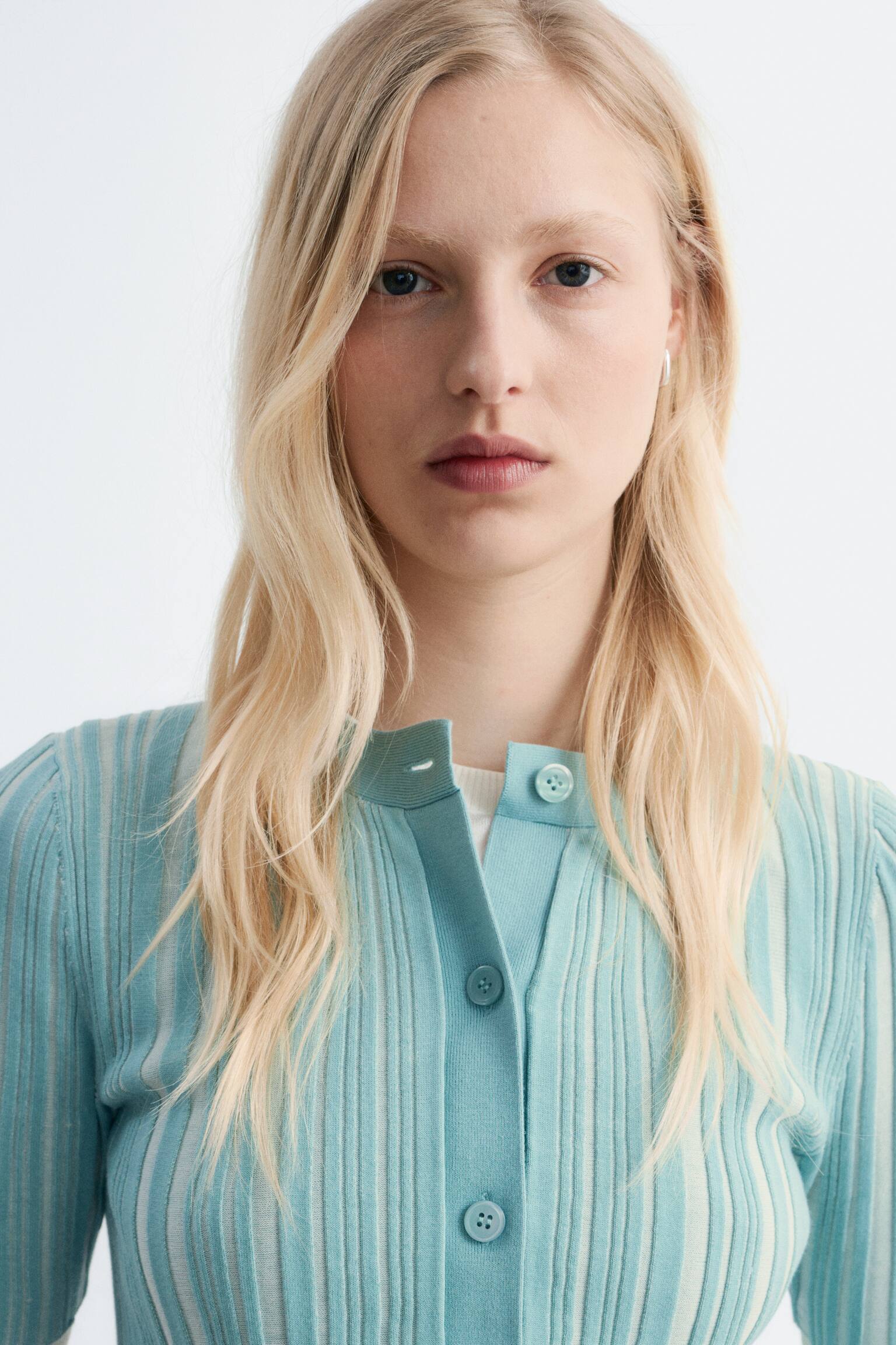 Dzianinowy kardigan w prążki z krótkim rękawem - Turquoise/Żółtozielony - 5