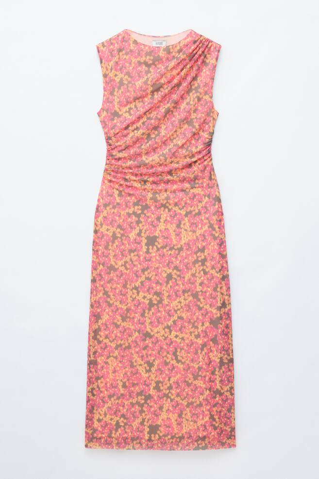 Ärmelloses, drapiertes Kleid - Rosa/Geblümt/Dunkelbraun/Gelb/Bedruckt - 1