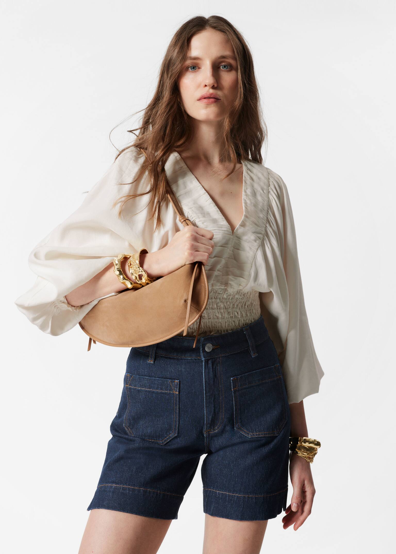 Pantaloni scurți din denim cu talie înaltă - Albastru închis - 6